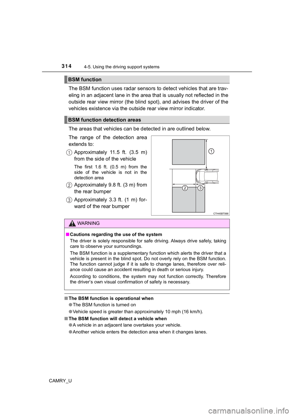 TOYOTA CAMRY 2020 Owners Manual (in English) 3144-5. Using the driving support systems
CAMRY_U
The BSM function uses radar sensors to detect vehicles that are trav-
eling in an adjacent lane in the area that is usually not reflected in the
outs TOYOTA CAMRY 2020 Owners Manual (in English) 3144-5. Using the driving support systems
CAMRY_U
The BSM function uses radar sensors to detect vehicles that are trav-
eling in an adjacent lane in the area that is usually not reflected in the
outs