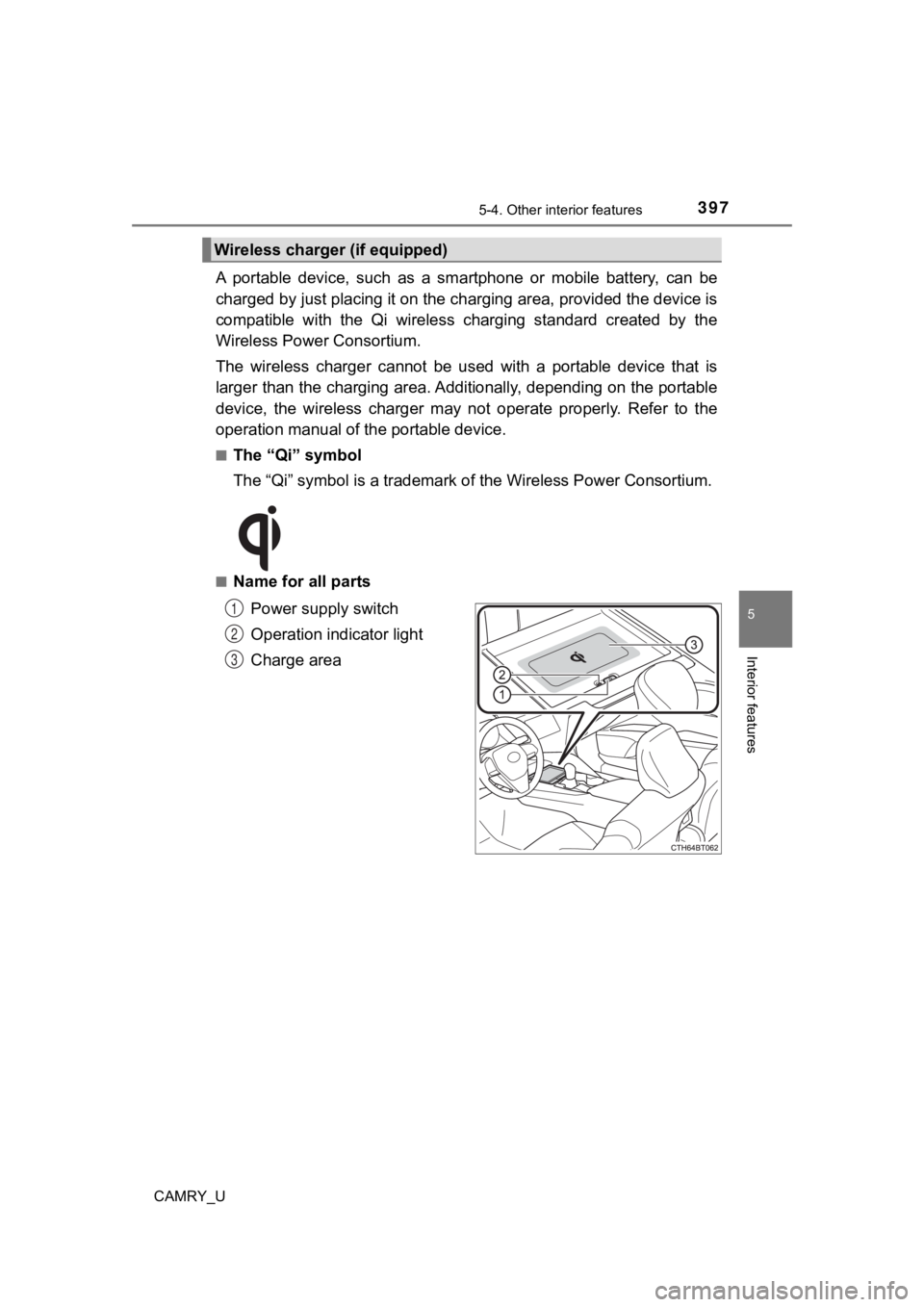 TOYOTA CAMRY 2020 Owners Manual (in English) 3975-4. Other interior features
CAMRY_U
5
Interior features
A portable device, such as a smartphone or mobile battery, can be
charged by just placing it on th e charging area, provided the TOYOTA CAMRY 2020 Owners Manual (in English) 3975-4. Other interior features
CAMRY_U
5
Interior features
A portable device, such as a smartphone or mobile battery, can be
charged by just placing it on th e charging area, provided the
