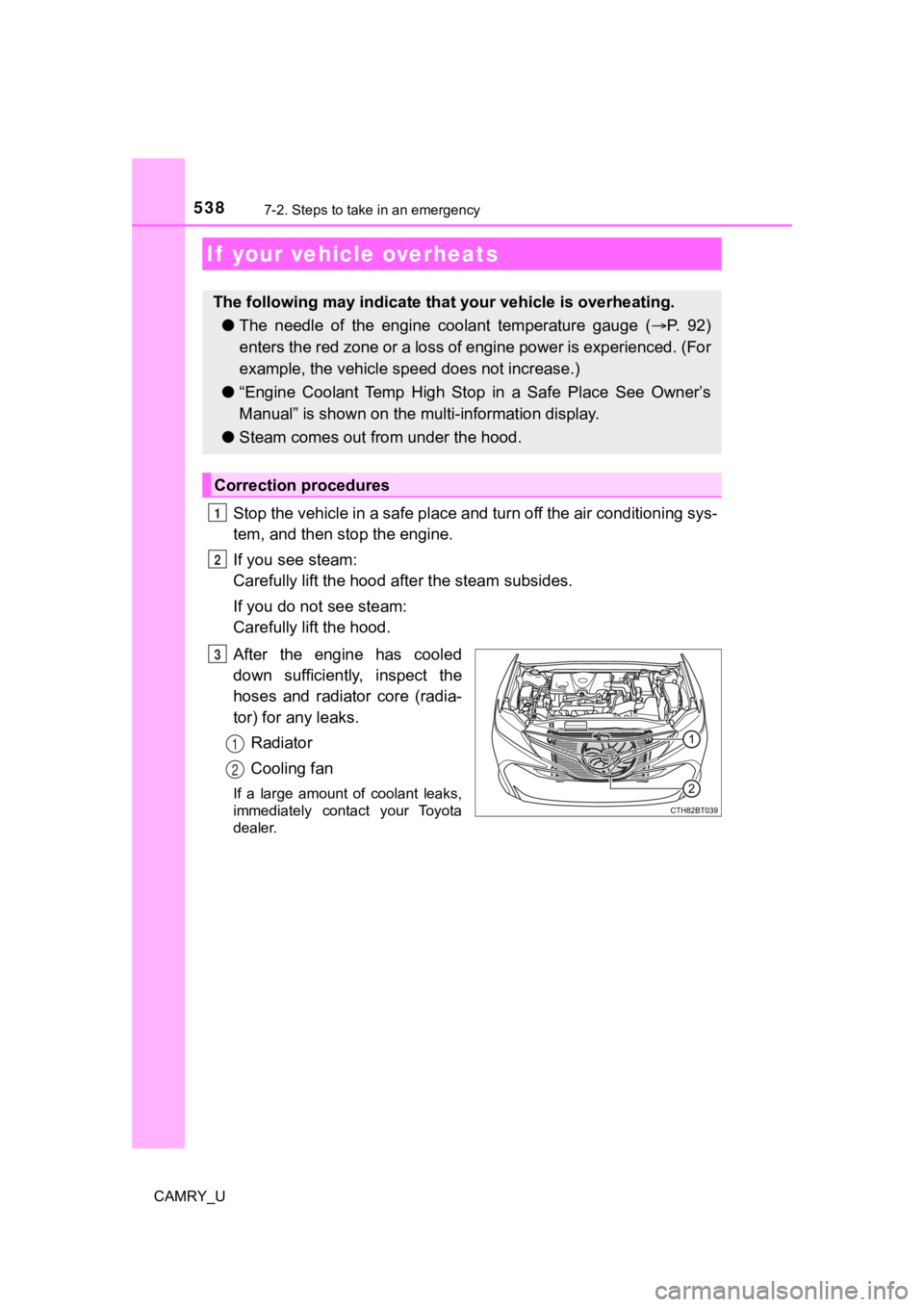 TOYOTA CAMRY 2020  Owners Manual (in English) 5387-2. Steps to take in an emergency
CAMRY_U
Stop the vehicle in a safe place and turn off the air conditioning sys-
tem, and then stop the engine.
If you see steam: 
Carefully lift the hood after th