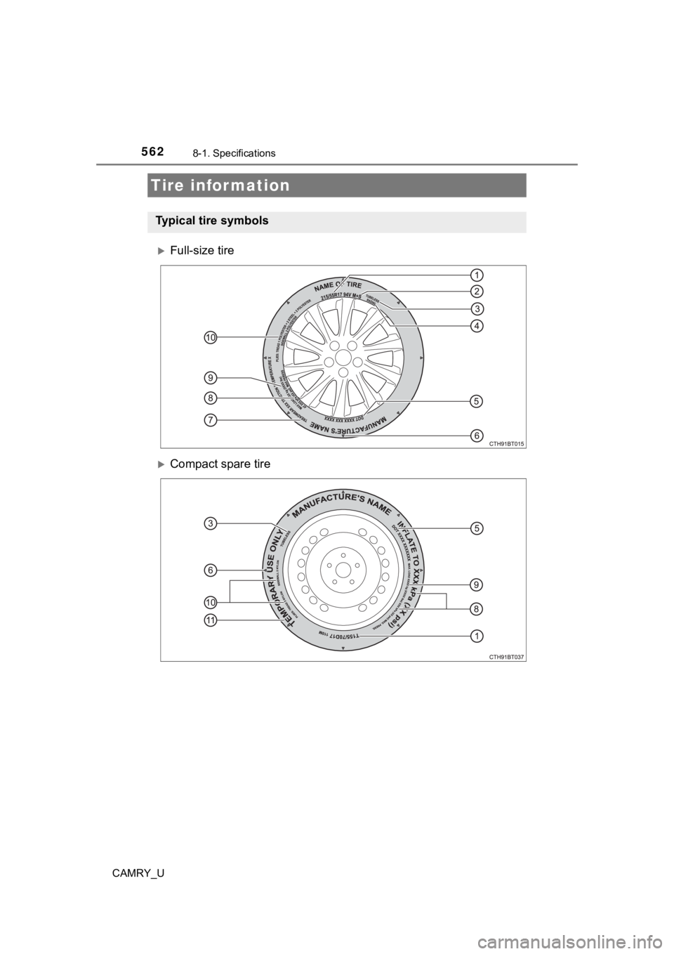 TOYOTA CAMRY 2020 Owners Manual (in English) 5628-1. Specifications
CAMRY_U
Full-size tire
Compact spare tire
Tire information
Typical tire symbols TOYOTA CAMRY 2020 Owners Manual (in English) 5628-1. Specifications
CAMRY_U
Full-size tire
Compact spare tire
Tire information
Typical tire symbols