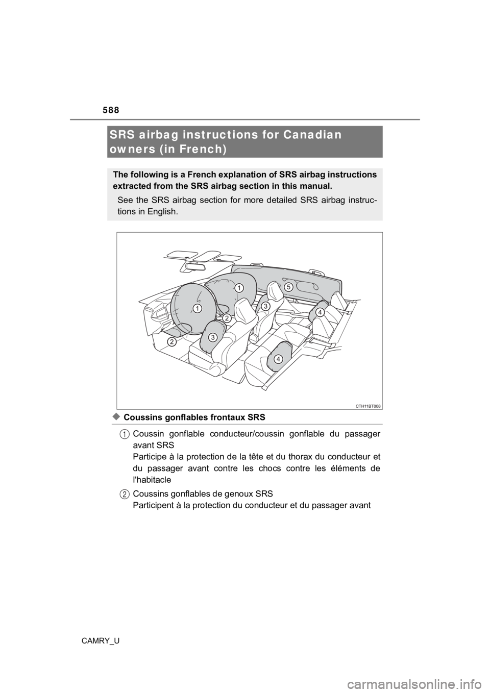 TOYOTA CAMRY 2020  Owners Manual (in English) 588
CAMRY_U
◆Coussins gonflables frontaux SRSCoussin  gonflable  conducteur/c oussin  gonflable  du  passager
avant SRS
Participe à la protection de la tête et du thorax du conducteur  et
du  pass