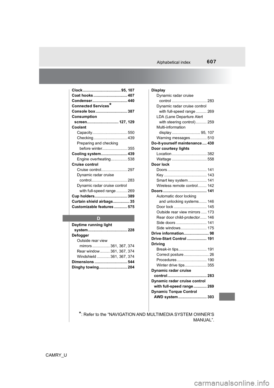 TOYOTA CAMRY 2020  Owners Manual (in English) 607Alphabetical index
CAMRY_U
Clock ................................... 95, 107
Coat hooks ............................... 407
Condenser ................................ 440
Connected Services
*
Conso