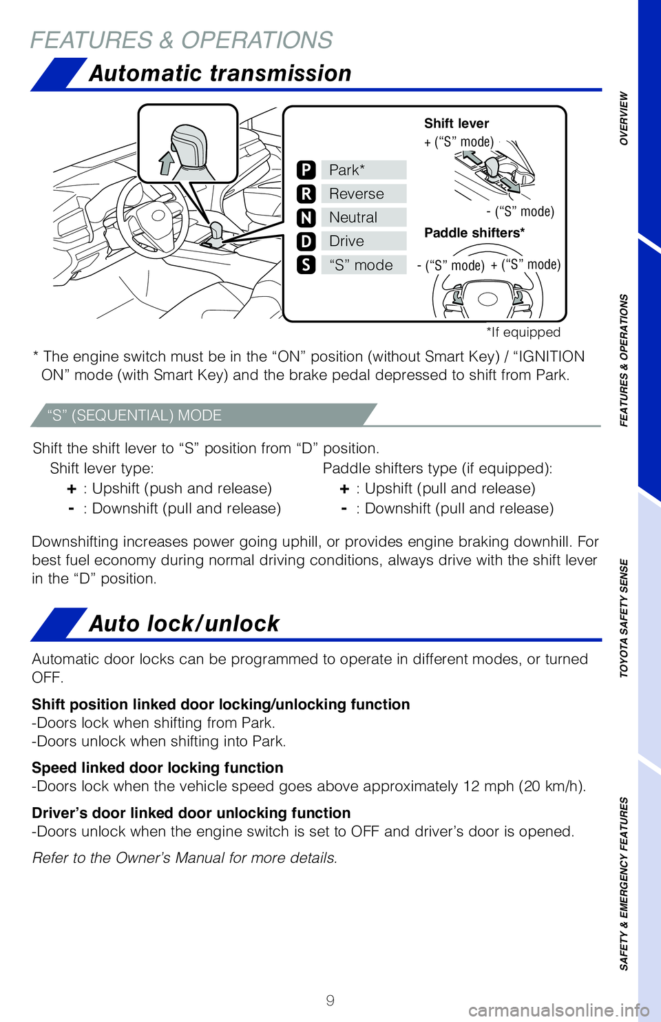 TOYOTA CAMRY 2020 (in English) User Guide 9
Automatic transmission
* The engine switch must be in the “ON” position (without Smart Key) / “IGNITION ON” mode (with Smart Key) and the brake pedal depressed to shift from Park.
Shift the TOYOTA CAMRY 2020 (in English) User Guide 9
Automatic transmission
* The engine switch must be in the “ON” position (without Smart Key) / “IGNITION ON” mode (with Smart Key) and the brake pedal depressed to shift from Park.
Shift the