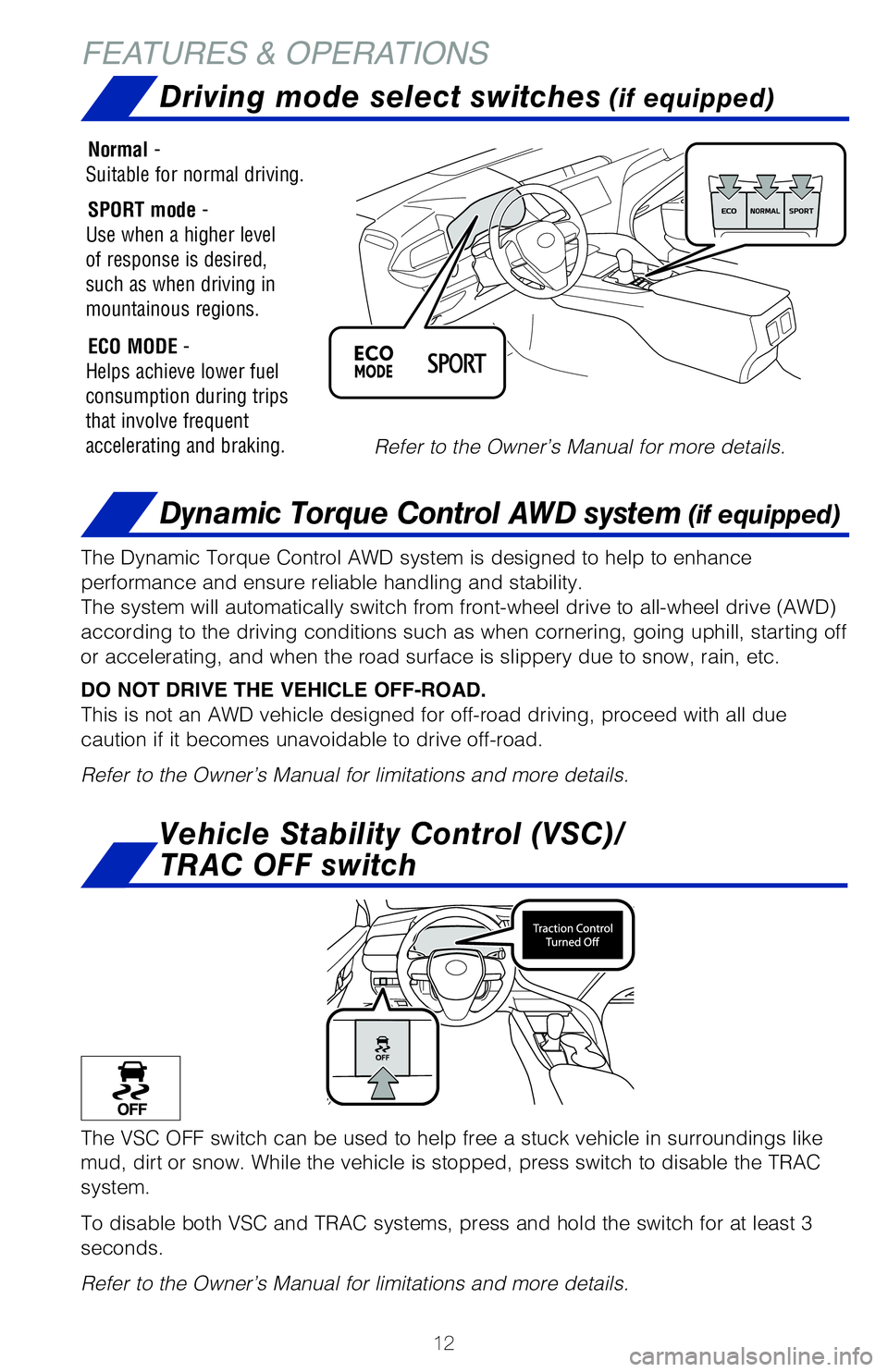 TOYOTA CAMRY 2020 (in English) User Guide 12
FEATURES & OPERATIONSDriving mode select switches
(if equipped)
Dynamic Torque Control AWD system (if equipped)
The VSC OFF switch can be used to help free a stuck vehicle in surroundi\�ngs like TOYOTA CAMRY 2020 (in English) User Guide 12
FEATURES & OPERATIONSDriving mode select switches
(if equipped)
Dynamic Torque Control AWD system (if equipped)
The VSC OFF switch can be used to help free a stuck vehicle in surroundi\�ngs like
