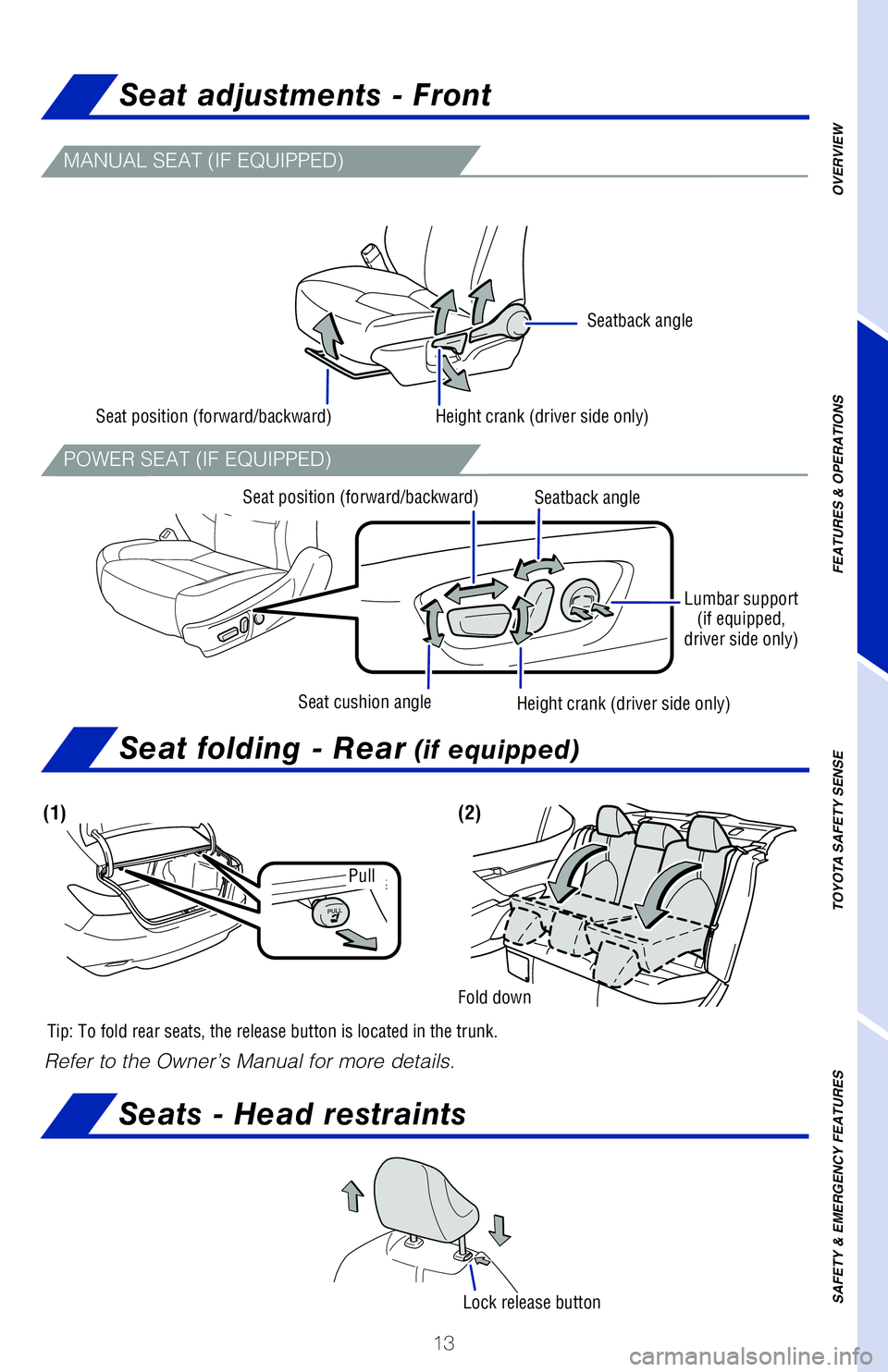 TOYOTA CAMRY 2020 (in English) User Guide 13
Seat adjustments - Front
Seats - Head restraints
Seat folding - Rear (if equipped)
(1)(2)
Tip: To fold rear seats, the release button is located in the trunk.
Refer to the Owner’s Manual for more TOYOTA CAMRY 2020 (in English) User Guide 13
Seat adjustments - Front
Seats - Head restraints
Seat folding - Rear (if equipped)
(1)(2)
Tip: To fold rear seats, the release button is located in the trunk.
Refer to the Owner’s Manual for more
