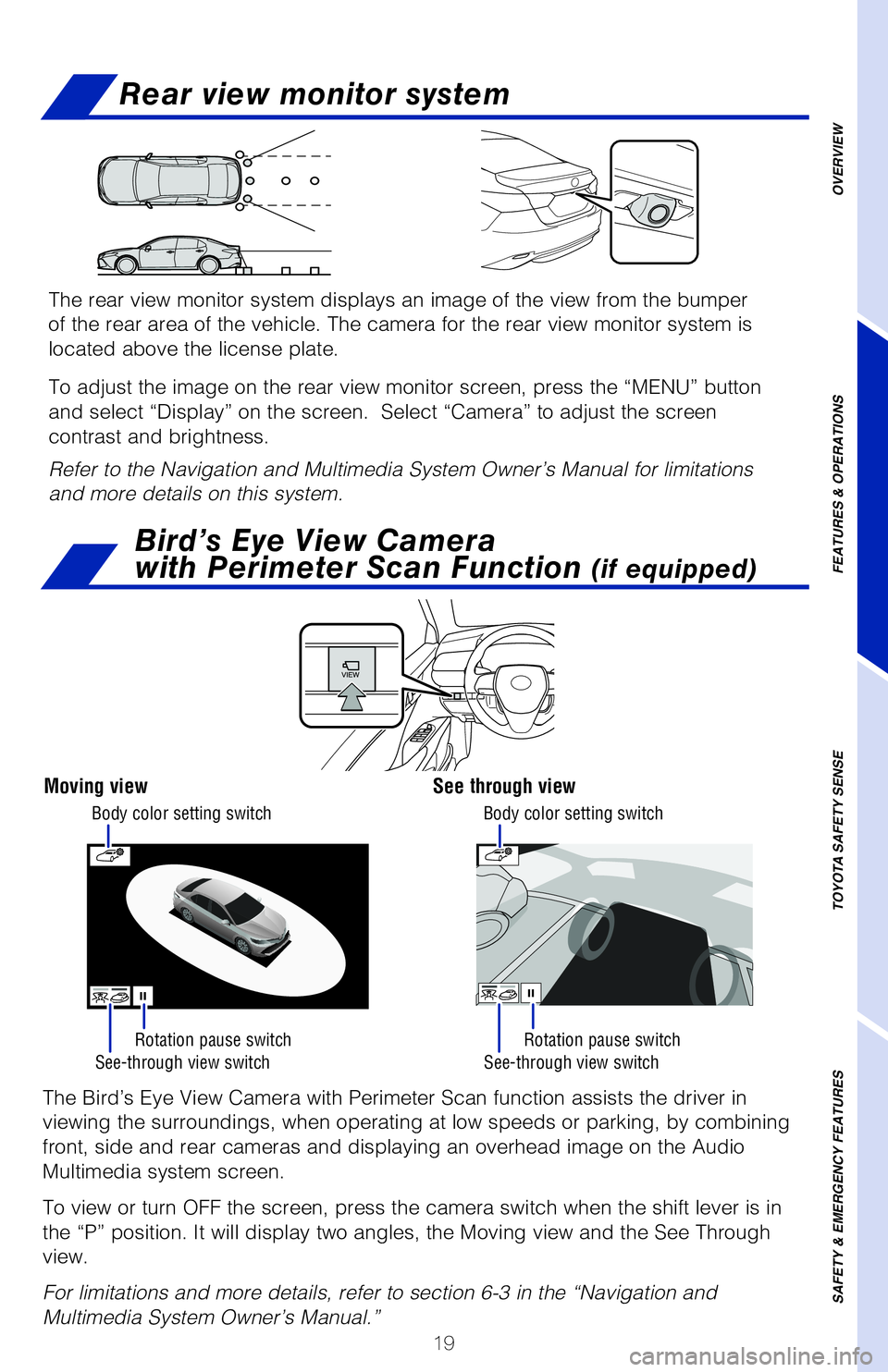 TOYOTA CAMRY 2020 (in English) Owners Manual 19
OVERVIEW
FEATURES & OPERATIONS
TOYOTA SAFETY SENSE
SAFETY & EMERGENCY FEATURES
Rear view monitor system
See-through view switch See-through view switch
Rotation pause switch
Rotation pause switch
T TOYOTA CAMRY 2020 (in English) Owners Manual 19
OVERVIEW
FEATURES & OPERATIONS
TOYOTA SAFETY SENSE
SAFETY & EMERGENCY FEATURES
Rear view monitor system
See-through view switch See-through view switch
Rotation pause switch
Rotation pause switch
T