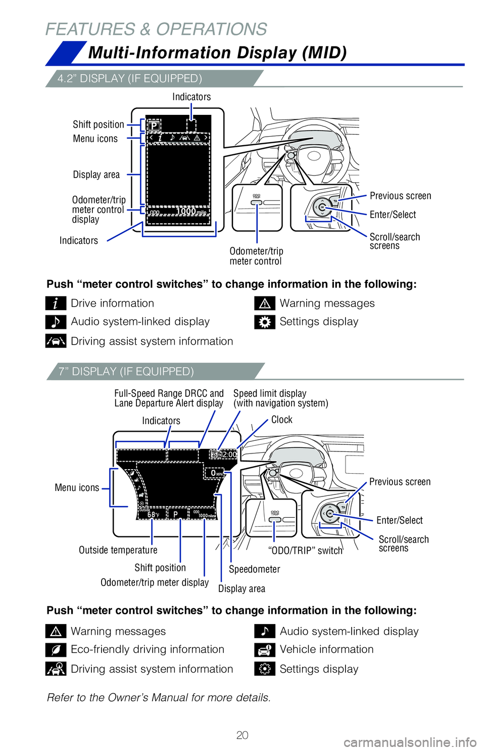TOYOTA CAMRY 2020 (in English) Owners Manual 20
FEATURES & OPERATIONS
Multi-Information Display (MID)
4.2” DISPLAY (IF EQUIPPED)
7” DISPLAY (IF EQUIPPED)
Push “meter control switches” to change information in the following:
Push “meter TOYOTA CAMRY 2020 (in English) Owners Manual 20
FEATURES & OPERATIONS
Multi-Information Display (MID)
4.2” DISPLAY (IF EQUIPPED)
7” DISPLAY (IF EQUIPPED)
Push “meter control switches” to change information in the following:
Push “meter