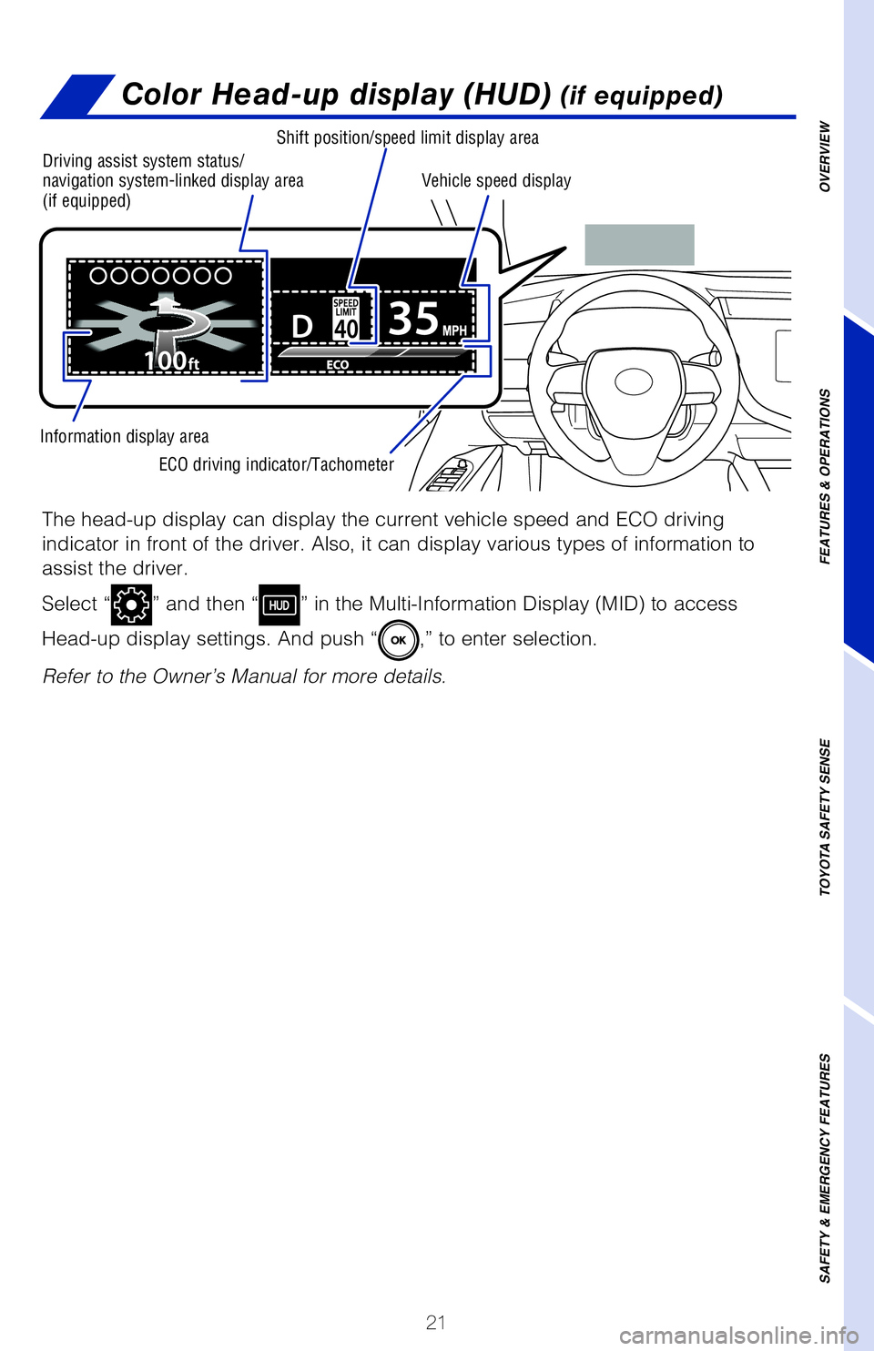 TOYOTA CAMRY 2020 (in English) Owners Manual 21
OVERVIEW
FEATURES & OPERATIONS
TOYOTA SAFETY SENSE
SAFETY & EMERGENCY FEATURES
Color Head-up display (HUD) (if equipped)
The head-up display can display the current vehicle speed and ECO drivin\� TOYOTA CAMRY 2020 (in English) Owners Manual 21
OVERVIEW
FEATURES & OPERATIONS
TOYOTA SAFETY SENSE
SAFETY & EMERGENCY FEATURES
Color Head-up display (HUD) (if equipped)
The head-up display can display the current vehicle speed and ECO drivin\�