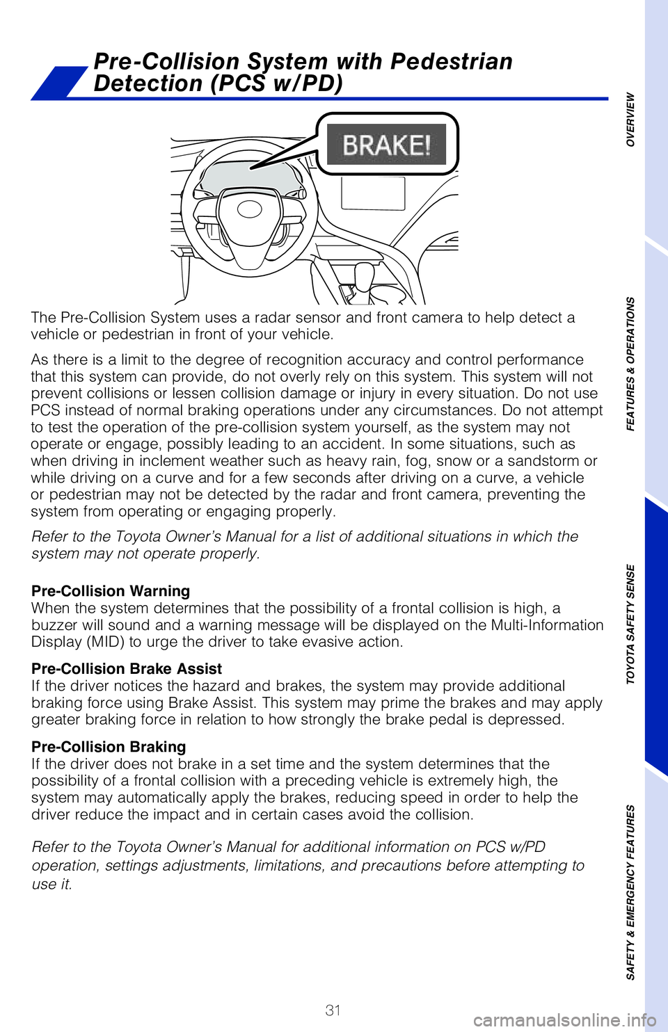 TOYOTA CAMRY 2020 (in English) Owners Guide 31
The Pre-Collision System uses a radar sensor and front camera to help de\�tect a
vehicle or pedestrian in front of your vehicle.
As there is a limit to the degree of recognition accuracy and con TOYOTA CAMRY 2020 (in English) Owners Guide 31
The Pre-Collision System uses a radar sensor and front camera to help de\�tect a
vehicle or pedestrian in front of your vehicle.
As there is a limit to the degree of recognition accuracy and con