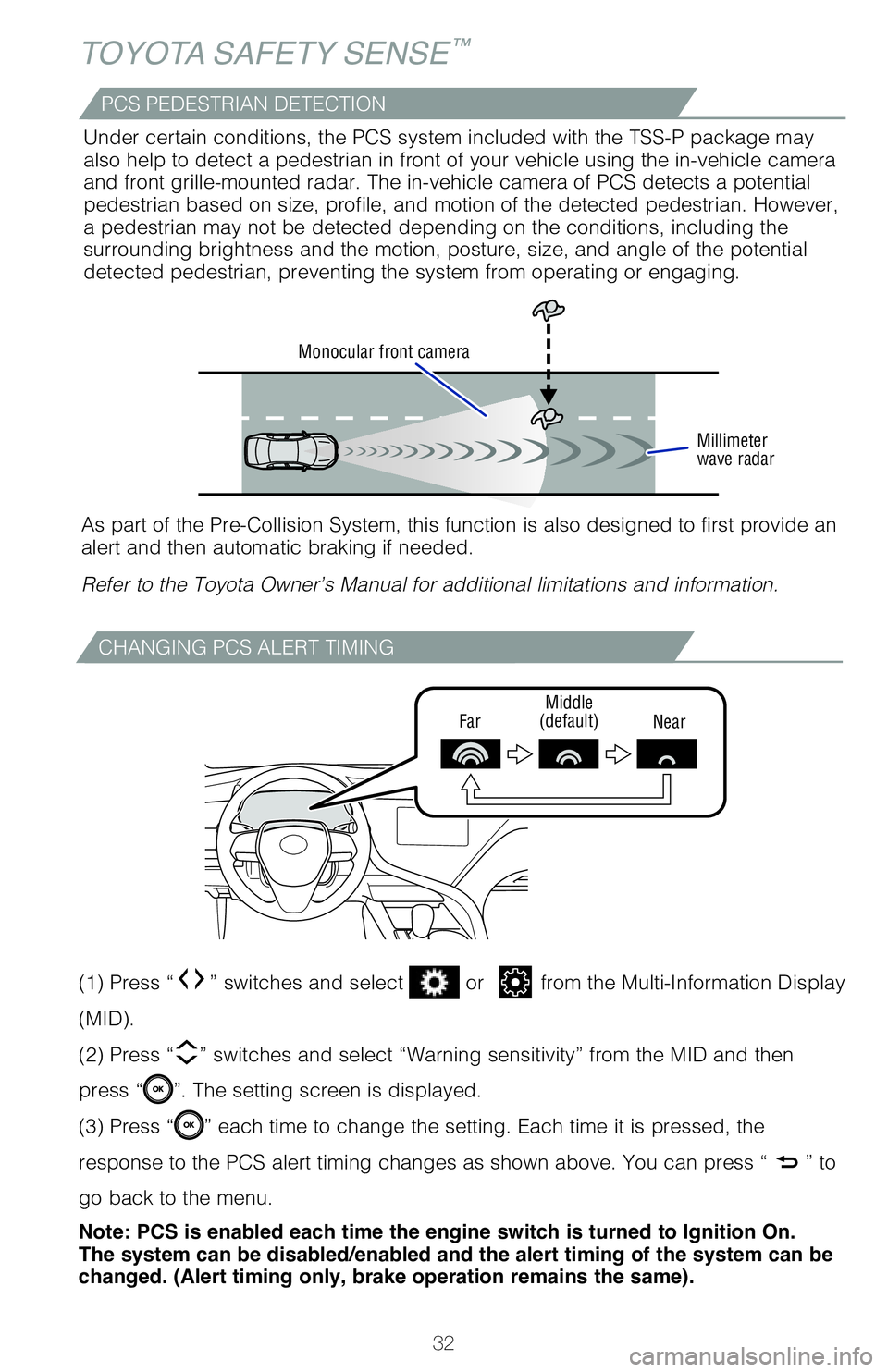 TOYOTA CAMRY 2020  Owners Manual (in English) 32
TOYOTA SAFETY SENSE™
CHANGING PCS ALERT TIMING
FarMiddle
(default) Near
(1) Press “” switches and select  or from the Multi-Information Display 
(MID).  
(2) Press “
” switches and select