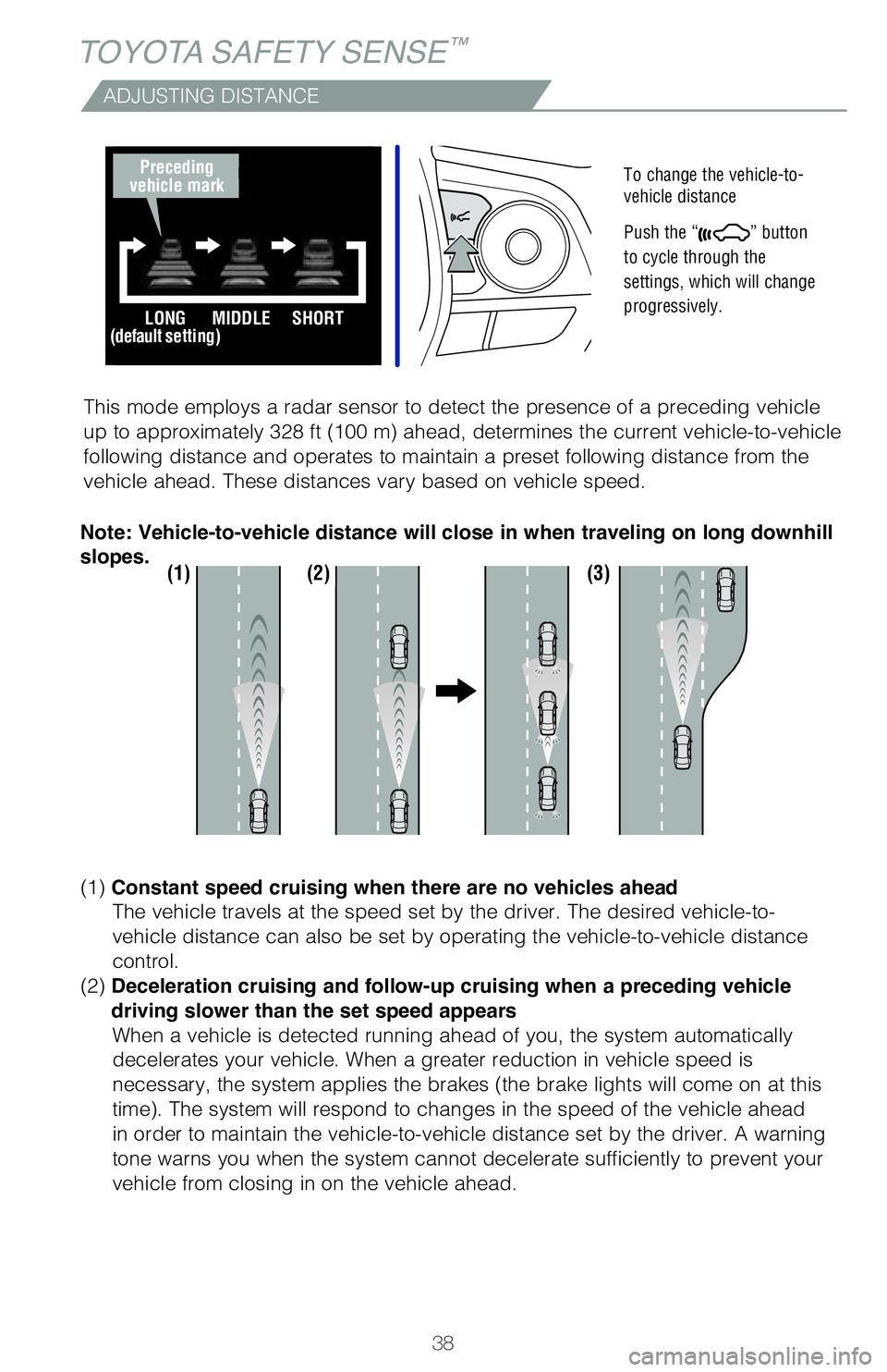 TOYOTA CAMRY 2020 (in English) Owners Guide 38
TOYOTA SAFETY SENSE™
ADJUSTING DISTANCE
To change the vehicle-to-
vehicle distance
Push the “
” button
to cycle through the
settings, which will change
progressively.
This mode employs TOYOTA CAMRY 2020 (in English) Owners Guide 38
TOYOTA SAFETY SENSE™
ADJUSTING DISTANCE
To change the vehicle-to-
vehicle distance
Push the “
” button
to cycle through the
settings, which will change
progressively.
This mode employs