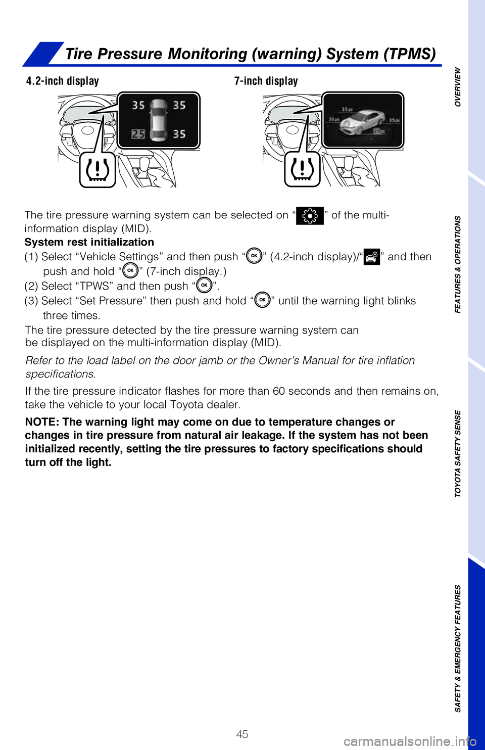 TOYOTA CAMRY 2020 (in English) Service Manual 45
Tire Pressure Monitoring (warning) System (TPMS)
The tire pressure detected by the tire pressure warning system can
be displayed on the multi-information display (MID).
Refer to the load label on t TOYOTA CAMRY 2020 (in English) Service Manual 45
Tire Pressure Monitoring (warning) System (TPMS)
The tire pressure detected by the tire pressure warning system can
be displayed on the multi-information display (MID).
Refer to the load label on t