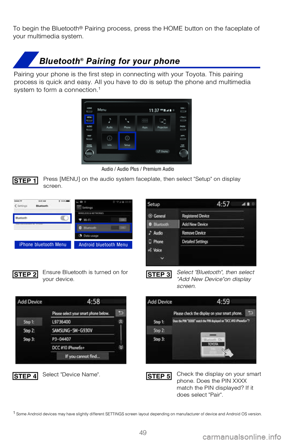 TOYOTA CAMRY 2020 (in English) Workshop Manual 49
To begin the Bluetooth® Pairing process, press the HOME button on the faceplate of
your multimedia system.
Bluetooth® Pairing for your phone
Pairing your phone is the first step in connecting wi TOYOTA CAMRY 2020 (in English) Workshop Manual 49
To begin the Bluetooth® Pairing process, press the HOME button on the faceplate of
your multimedia system.
Bluetooth® Pairing for your phone
Pairing your phone is the first step in connecting wi