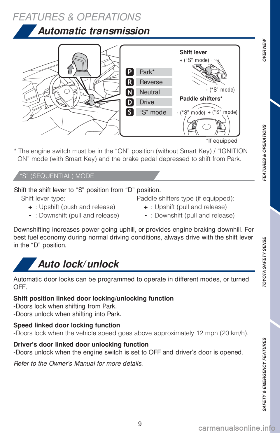 TOYOTA CAMRY 2020   (in English) User Guide 9
Automatic transmission
���5�I�F��F�O�H�J�O�F��T�X�J�U�D�I��N�V�T�U��C�F��J�O��U�I�F��i�0�/�w��Q�P�T�J�U�J�P�O��	�X�J�U�I�P�V�U��4�N�B�S�U��,�F�Z�
����i�*�(�/�*�5�*�0�/�
�0�/�w��N�P