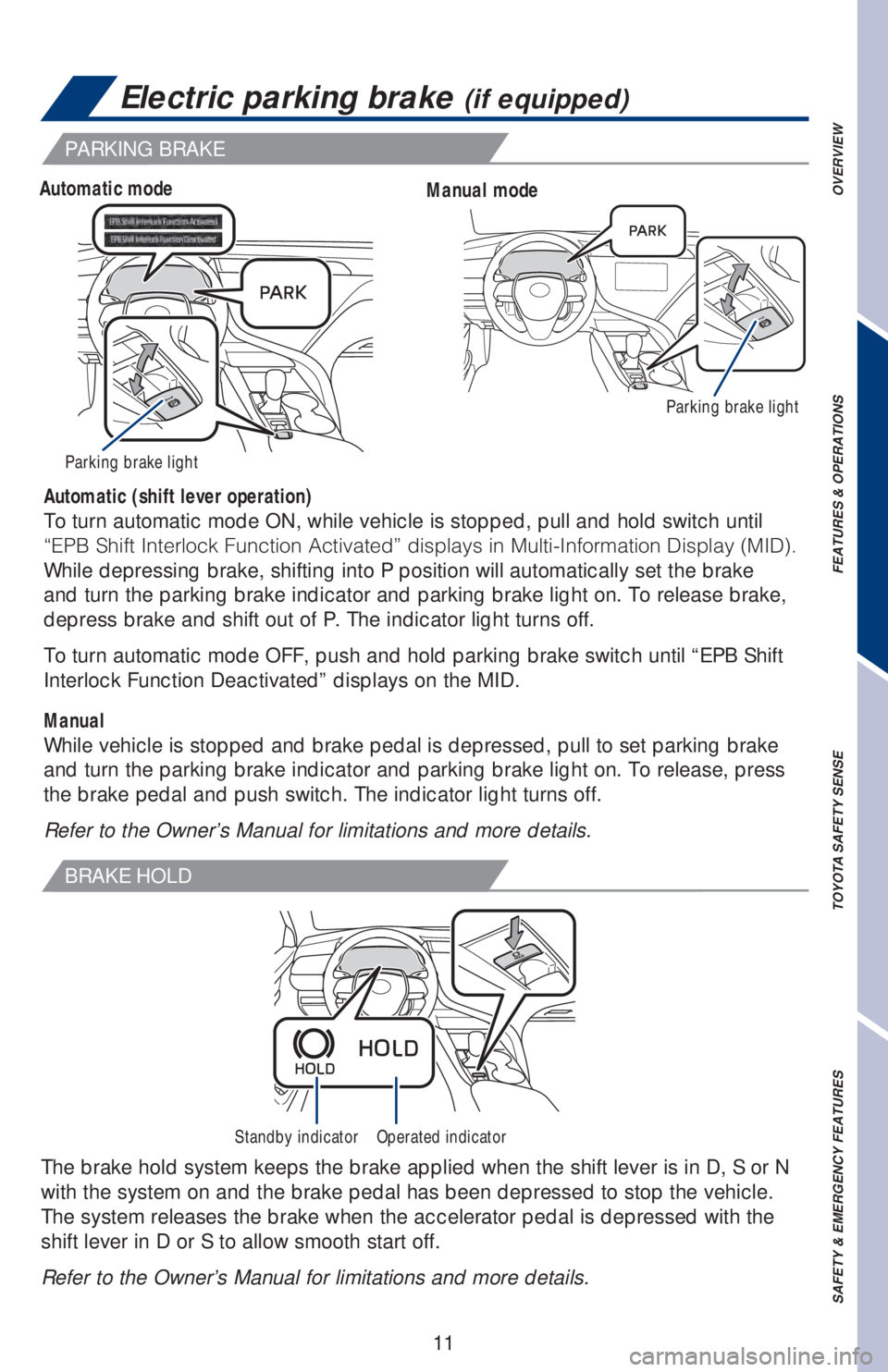 TOYOTA CAMRY 2020   (in English) User Guide 11
Electric parking brake (if equipped)
Automatic (shift lever operation)
To turn automatic mode ON, while vehicle is stopped, pull and hold switch until 
�i�&�1�#��4�I�J�G�U��*�O�U�F�S�M�P�D�L���