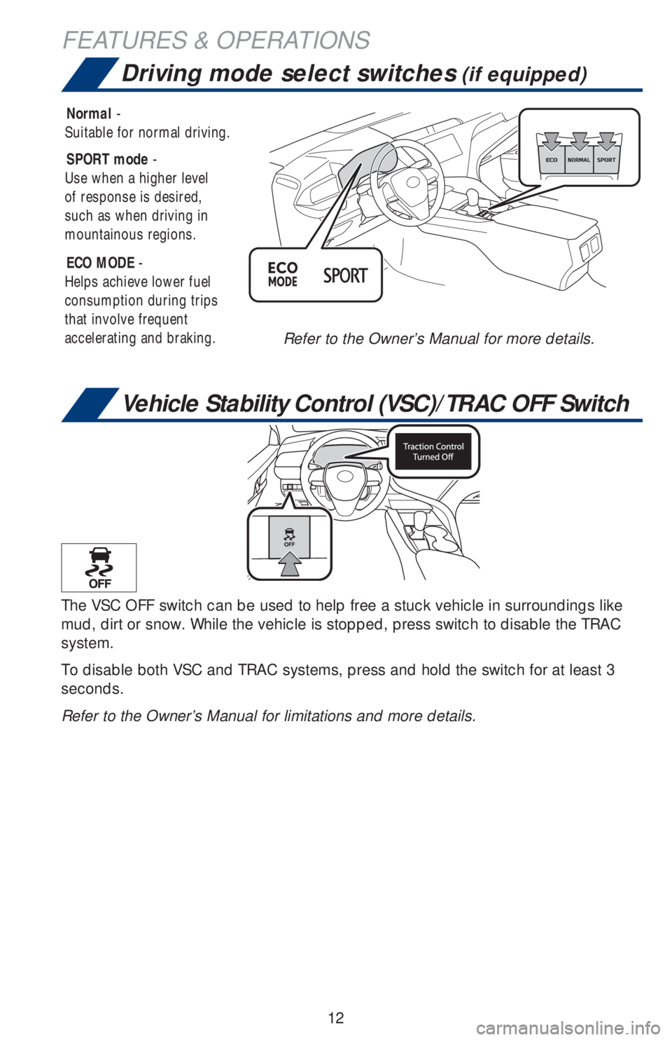 TOYOTA CAMRY 2020   (in English) User Guide 12
Vehicle Stability Control (VSC)/TRAC OFF Switch
FEATURES & OPERATIONS
Driving mode select switches (if equipped)
The VSC OFF switch can be used to help free a stuck vehicle in surroundings like 
mu