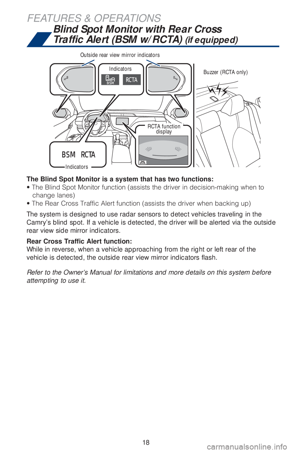 TOYOTA CAMRY 2020   (in English) User Guide 18
FEATURES & OPERATIONS
The Blind Spot Monitor is a system that has two functions:
�t��5�I�F��#�M�J�O�E��4�Q�P�U��.�P�O�J�U�P�S��G�V�O�D�U�J�P�O��	�B�T�T�J�T�U�T��U�I�F��E�S�J�W�F�S��J�O��E