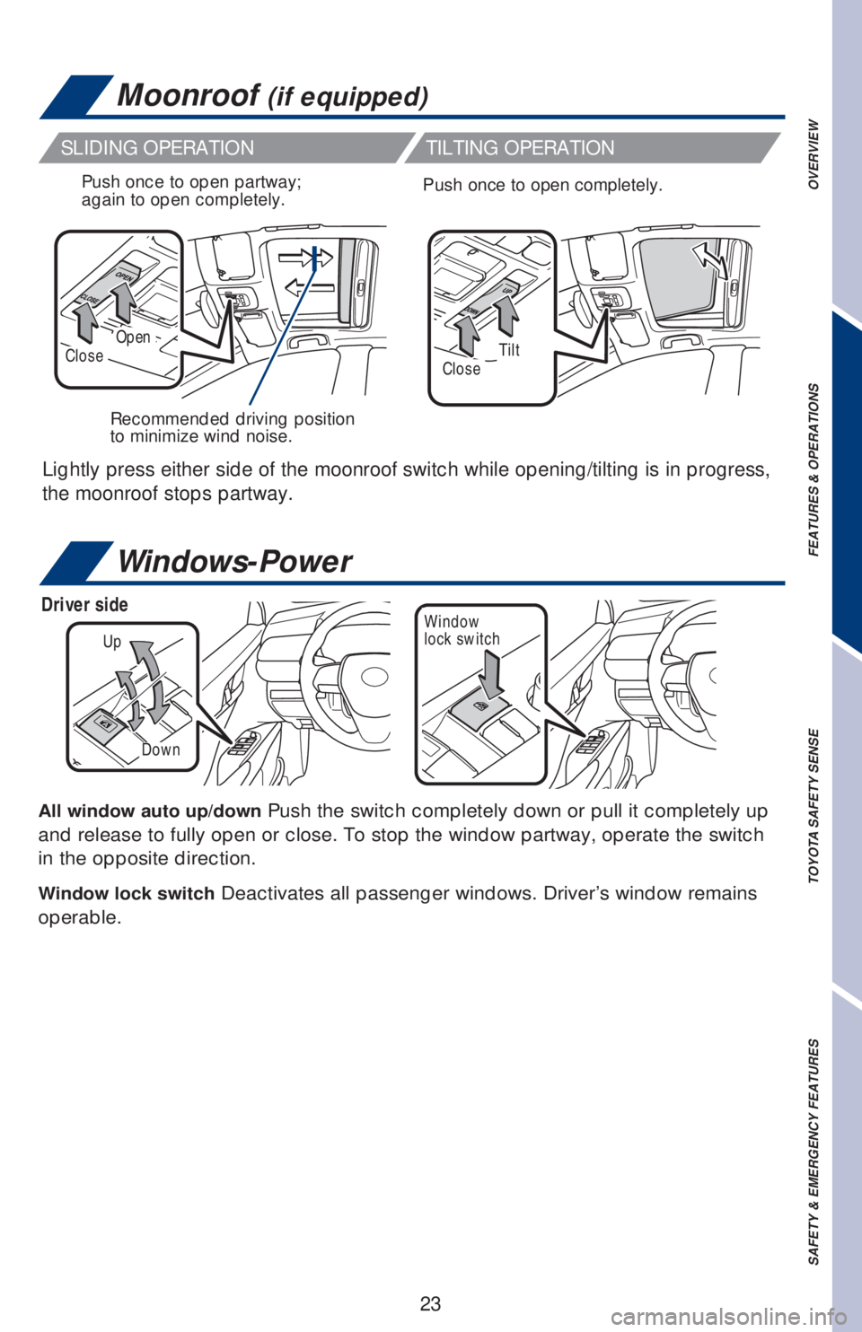 TOYOTA CAMRY 2020   (in English) Owners Manual 23
Moonroof (if equipped)
Recommended driving position 
to minimize wind noise. Push once to open partway; 
again to open completely.
SLIDING OPERATION
TILTING OPERATION
Lightly press either side of t