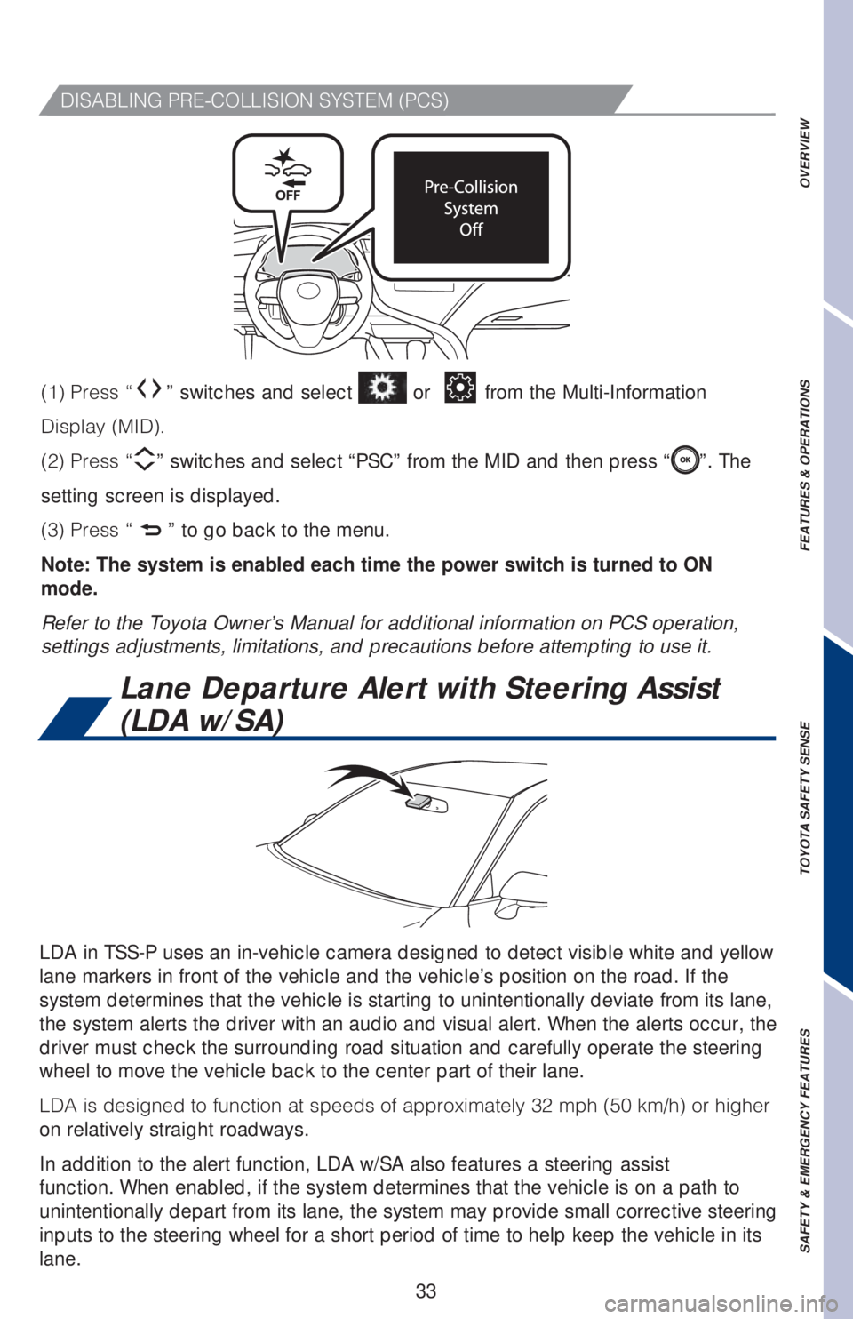 TOYOTA CAMRY 2020   (in English) Owners Guide 33
�%�*�4�"�#�-�*�/�(��1�3�&��$�0�-�-�*�4�*�0�/��4�:�4�5�&�.��	�1�$�4�

LDA in TSS-P uses an in-vehicle camera designed to detect visible white and yellow 
lane markers in front of the vehicle and