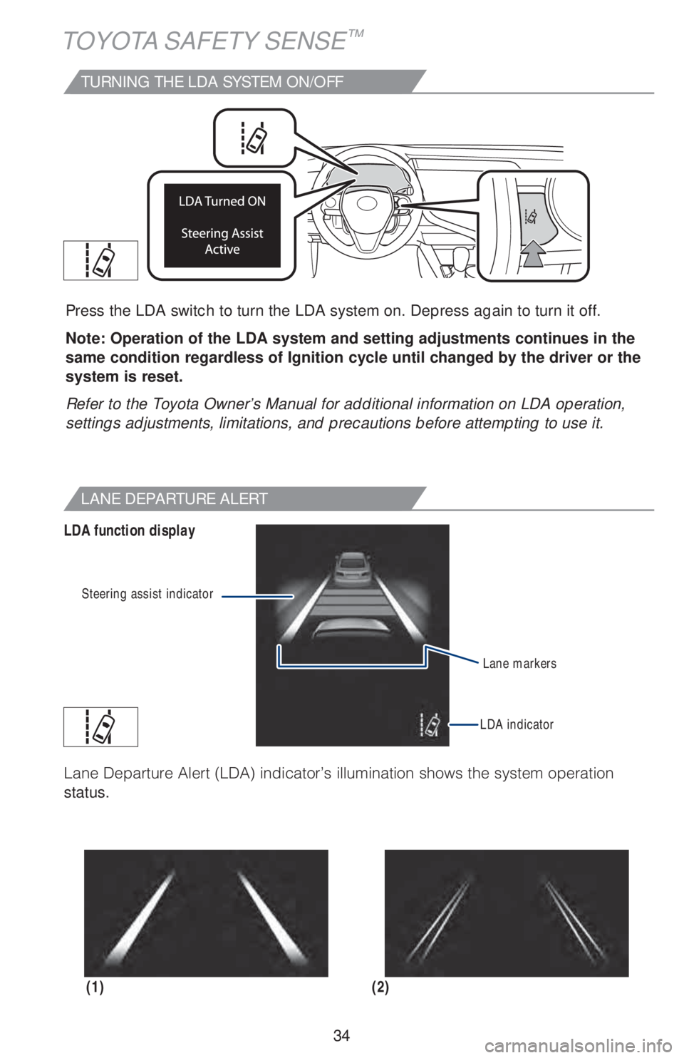 TOYOTA CAMRY 2020   (in English) Owners Guide 34
TOYOTA SAFETY SENSE™
TURNING THE LDA SYSTEM ON/OFF
Press the LDA switch to turn the LDA system on. Depress again to turn it off.
Note: Operation of the LDA system and setting adjustments continue