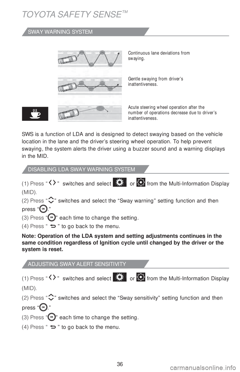 TOYOTA CAMRY 2020   (in English) Owners Guide 36
TOYOTA SAFETY SENSE™
SWAY WARNING SYSTEM
SWS is a function of LDA and is designed to detect swaying based on the vehicle 
location in the lane and the driver’s steering wheel operation. To help