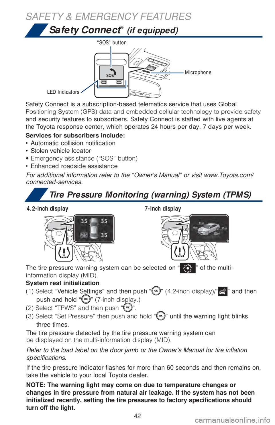 TOYOTA CAMRY 2020   (in English) Service Manual 42
SAFETY & EMERGENCY FEATURES
Safety Connect® (if equipped)
Tire Pressure Monitoring (warning) System (TPMS)
The tire pressure detected by the tire pressure warning system can
�C�F��E�J�T�Q�M�B�Z�F