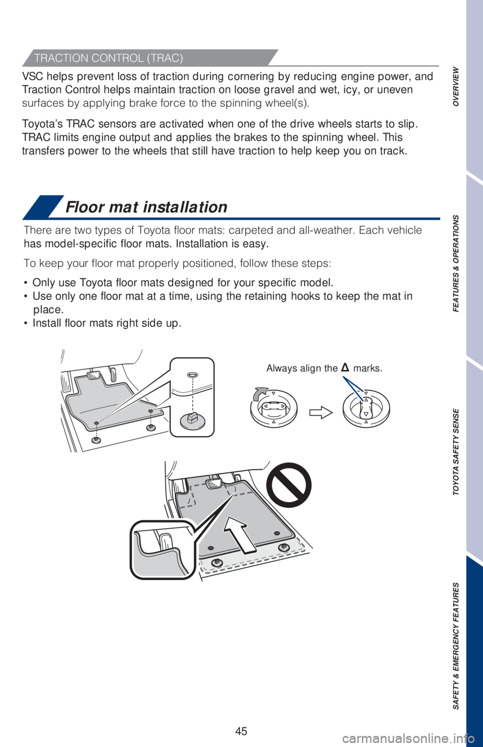 TOYOTA CAMRY 2020   (in English) Service Manual 45
OVERVIEW FEATURES & OPERATIONS TOYOTA SAFETY SENSE SAFETY & EMERGENCY FEATURES
Floor mat installation
�5�I�F�S�F��B�S�F��U�X�P��U�Z�Q�F�T��P�G��5�P�Z�P�U�B��G�M�P�P�S��N�B�U�T���D�B�S�Q�F�