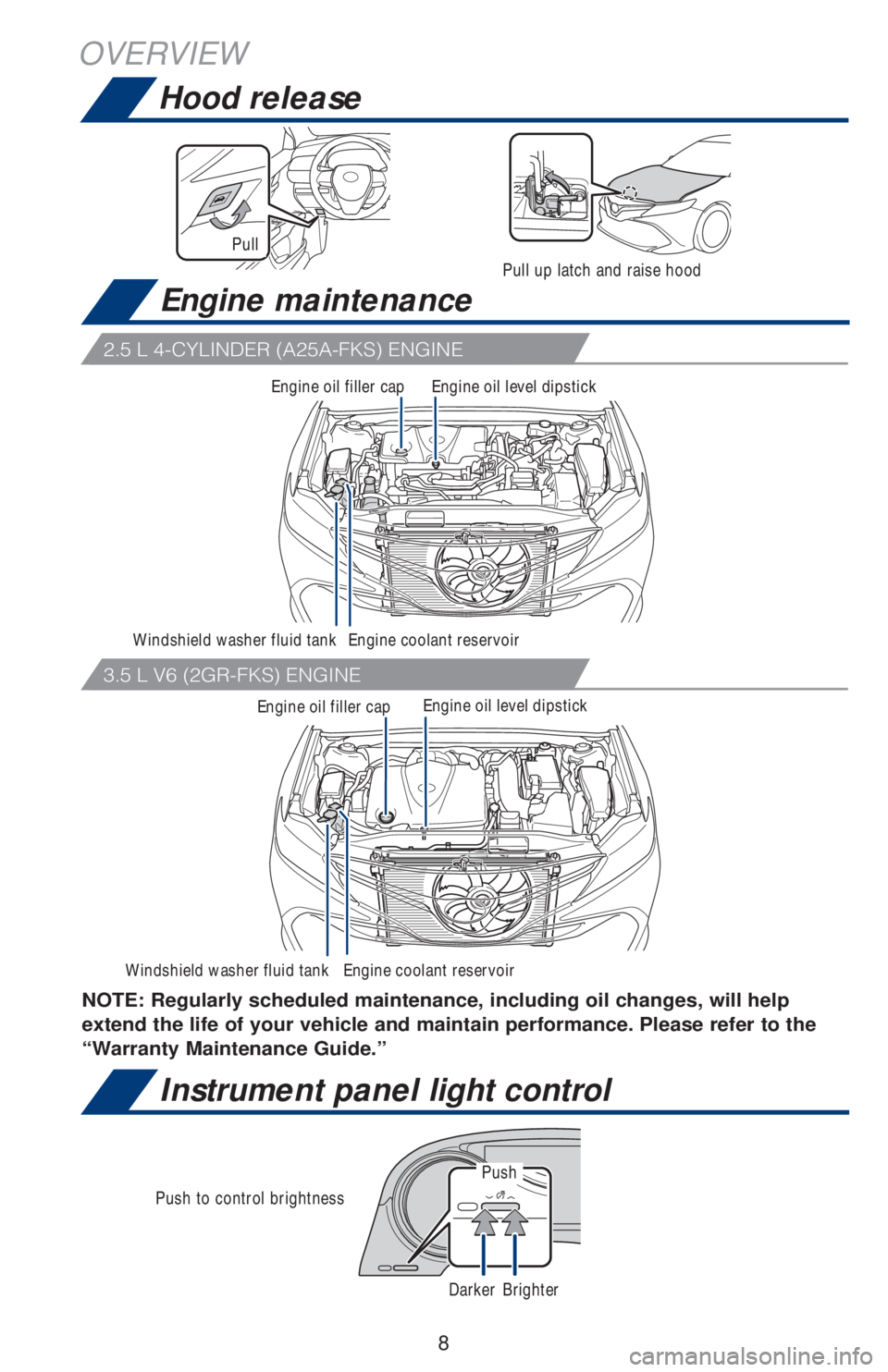 TOYOTA CAMRY 2020  Owners Manual (in English) 8
OVERVIEW
Hood release
Engine maintenance
Instrument panel light control
NOTE: Regularly scheduled maintenance, including oil changes, will help 
extend the life of your vehicle and maintain performa