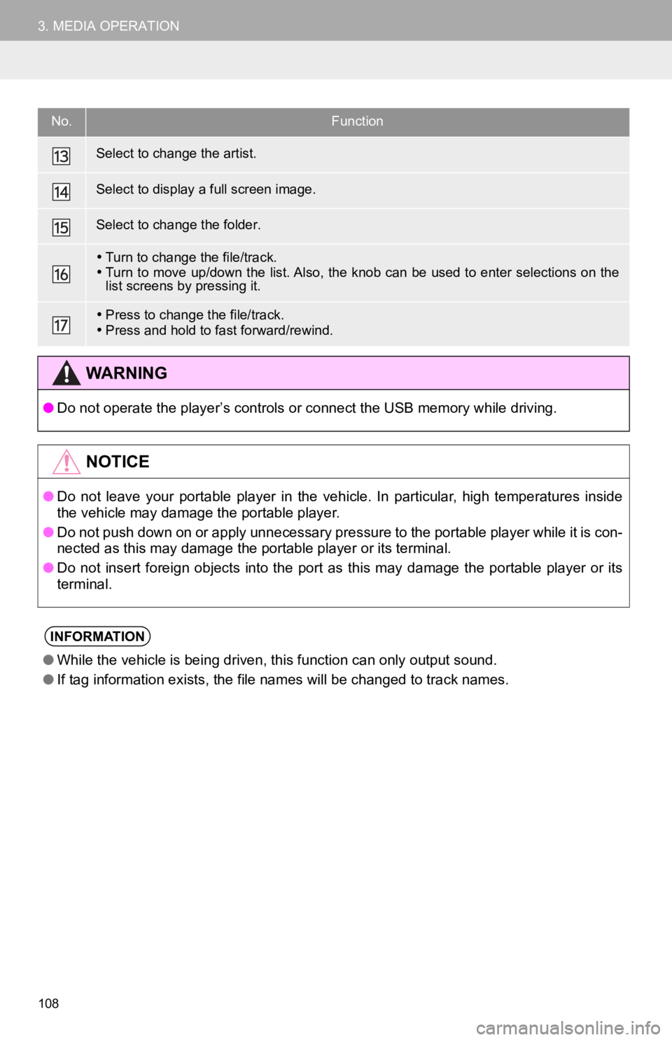 TOYOTA CAMRY 2020 Accessories, Audio & Navigation (in English) 108
3. MEDIA OPERATION
Select to change the artist.
Select to display a full screen image.
Select to change the folder.
Turn to change the file/track.
Turn to move up/down the list. Also, the TOYOTA CAMRY 2020 Accessories, Audio & Navigation (in English) 108
3. MEDIA OPERATION
Select to change the artist.
Select to display a full screen image.
Select to change the folder.
Turn to change the file/track.
Turn to move up/down the list. Also, the