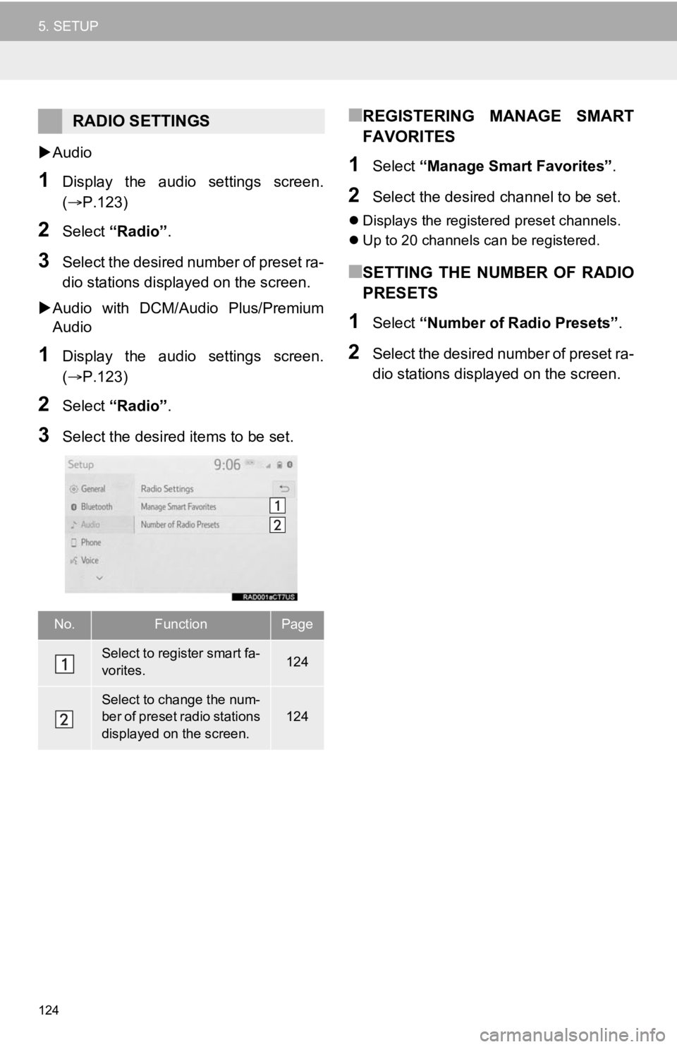 TOYOTA CAMRY 2020 Accessories, Audio & Navigation (in English) 124
5. SETUP
Audio
1Display the audio settings screen.
(P.123)
2Select “Radio” .
3Select the desired number of preset ra-
dio stations displayed on the screen.
Audio with DCM/Audi TOYOTA CAMRY 2020 Accessories, Audio & Navigation (in English) 124
5. SETUP
Audio
1Display the audio settings screen.
(P.123)
2Select “Radio” .
3Select the desired number of preset ra-
dio stations displayed on the screen.
Audio with DCM/Audi