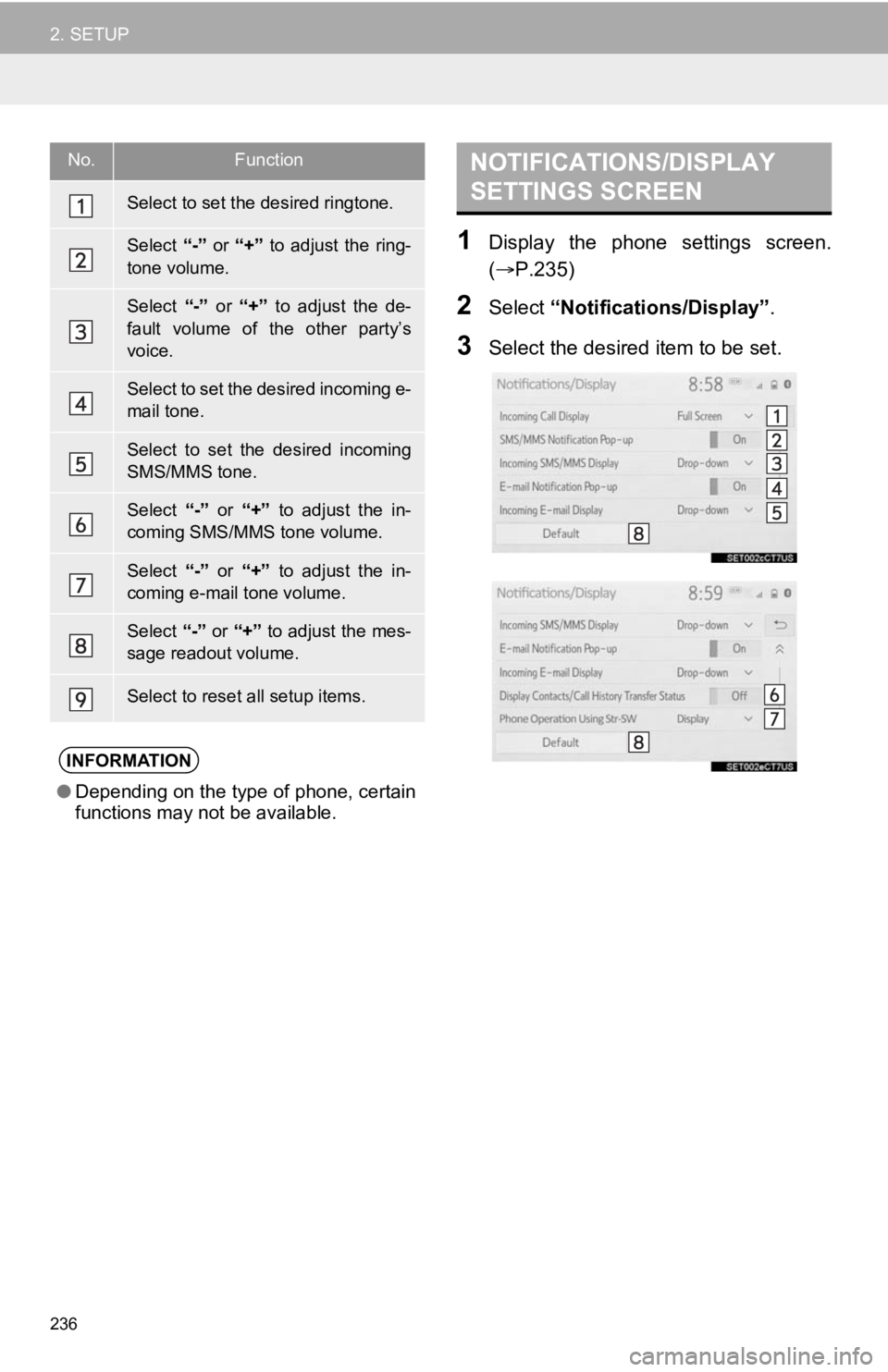 TOYOTA CAMRY 2020 Accessories, Audio & Navigation (in English) 236
2. SETUP
1Display the phone settings screen.
(P.235)
2Select “Notifications/Display” .
3Select the desired item to be set.
No.Function
Select to set the desired ringtone.
Select “- TOYOTA CAMRY 2020 Accessories, Audio & Navigation (in English) 236
2. SETUP
1Display the phone settings screen.
(P.235)
2Select “Notifications/Display” .
3Select the desired item to be set.
No.Function
Select to set the desired ringtone.
Select “-