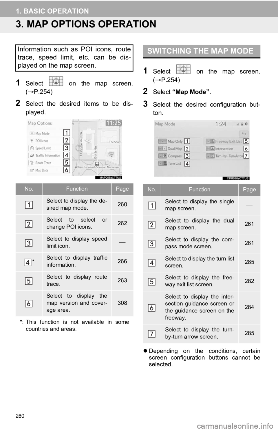 TOYOTA CAMRY 2020 Accessories, Audio & Navigation (in English) 260
1. BASIC OPERATION
3. MAP OPTIONS OPERATION
1Select on the map screen.
(P.254)
2Select the desired items to be dis-
played.
1Select on the map screen.
( P.254)
2Select “Ma TOYOTA CAMRY 2020 Accessories, Audio & Navigation (in English) 260
1. BASIC OPERATION
3. MAP OPTIONS OPERATION
1Select on the map screen.
(P.254)
2Select the desired items to be dis-
played.
1Select on the map screen.
( P.254)
2Select “Ma