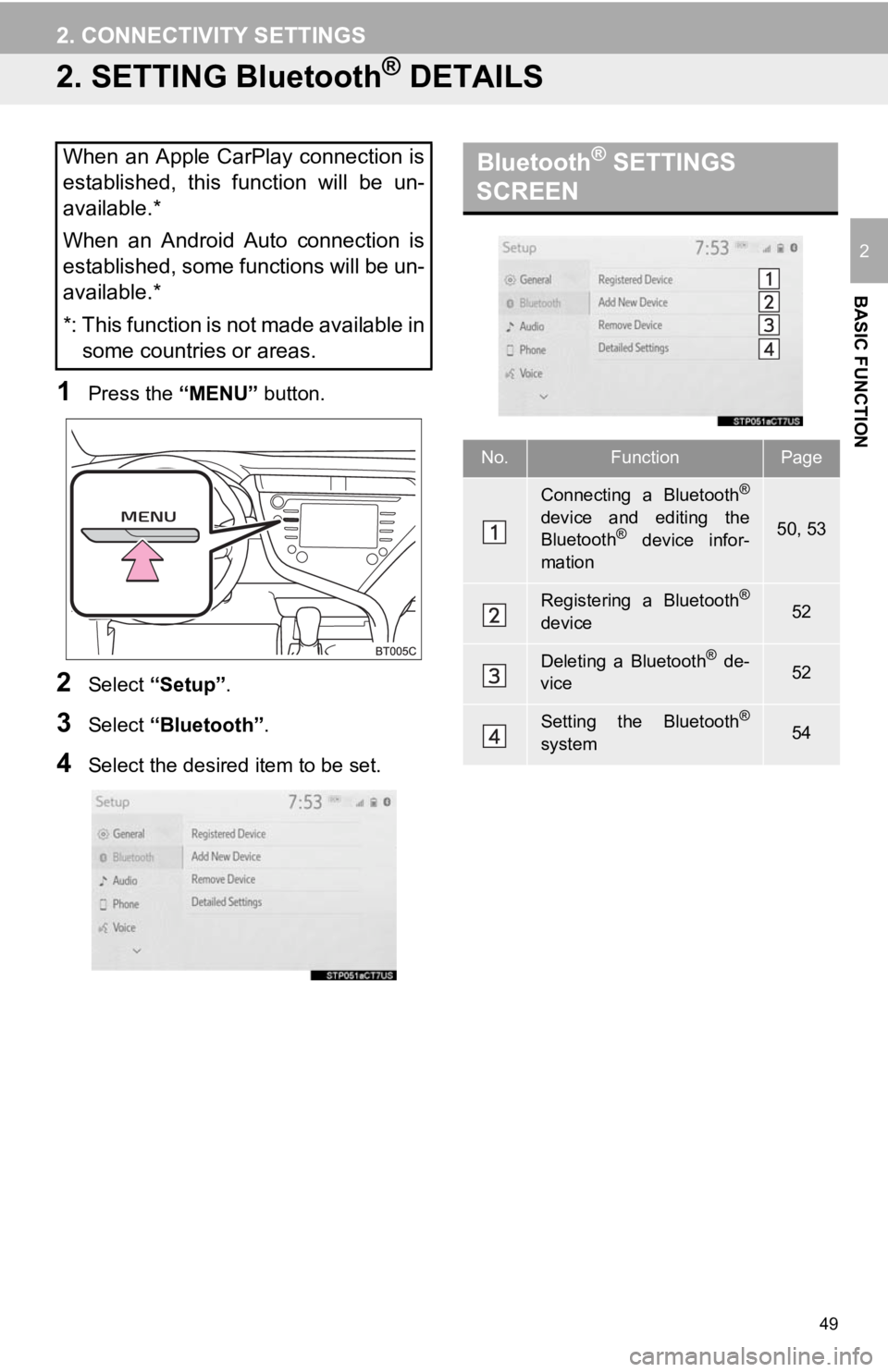 TOYOTA CAMRY 2020 Accessories, Audio & Navigation (in English) 49
2. CONNECTIVITY SETTINGS
BASIC FUNCTION
2
2. SETTING Bluetooth® DETAILS
1Press the “MENU” button.
2Select “Setup” .
3Select “Bluetooth”.
4Select the desired item to be set.
When an Ap TOYOTA CAMRY 2020 Accessories, Audio & Navigation (in English) 49
2. CONNECTIVITY SETTINGS
BASIC FUNCTION
2
2. SETTING Bluetooth® DETAILS
1Press the “MENU” button.
2Select “Setup” .
3Select “Bluetooth”.
4Select the desired item to be set.
When an Ap