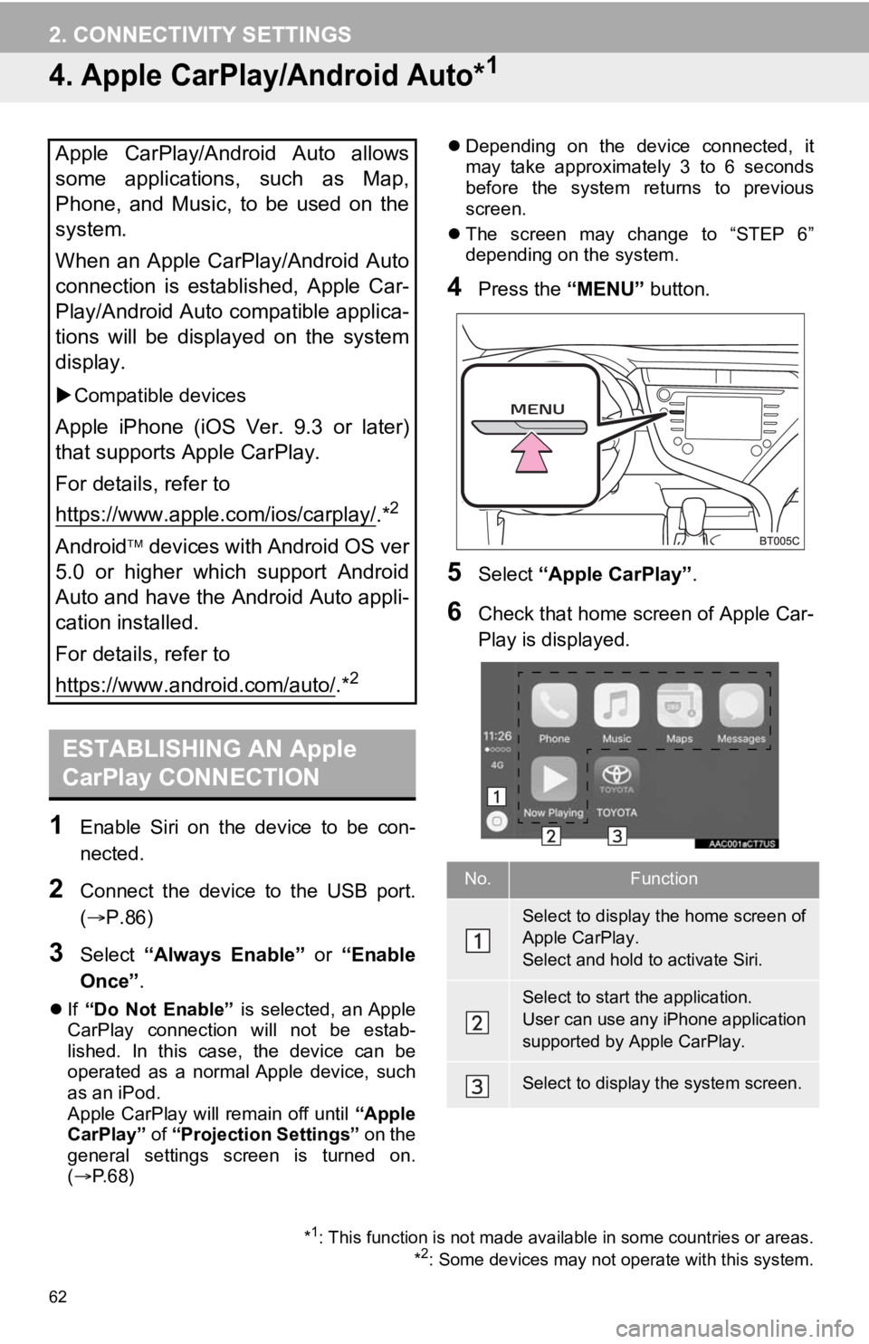 TOYOTA CAMRY 2020 Accessories, Audio & Navigation (in English) 62
2. CONNECTIVITY SETTINGS
4. Apple CarPlay/Android Auto*1
1Enable Siri on the device to be con-
nected.
2Connect the device to the USB port.
(P.86)
3Select “Always Enable” or TOYOTA CAMRY 2020 Accessories, Audio & Navigation (in English) 62
2. CONNECTIVITY SETTINGS
4. Apple CarPlay/Android Auto*1
1Enable Siri on the device to be con-
nected.
2Connect the device to the USB port.
(P.86)
3Select “Always Enable” or