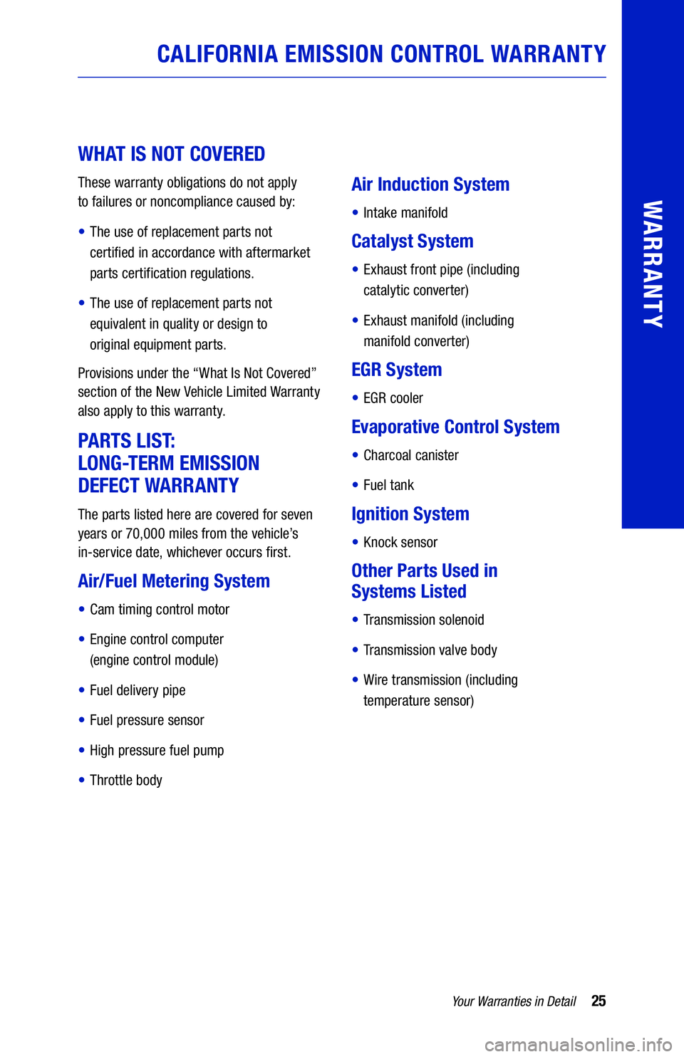 TOYOTA CAMRY 2020 Warranties & Maintenance Guides (in English) 25Your Warranties in Detail
WARRANTY
CALIFORNIA EMISSION CONTROL WARRANTY
WHAT IS NOT COVERED
These warranty obligations do not apply
to failures or noncompliance caused by:
• The use of repl TOYOTA CAMRY 2020 Warranties & Maintenance Guides (in English) 25Your Warranties in Detail
WARRANTY
CALIFORNIA EMISSION CONTROL WARRANTY
WHAT IS NOT COVERED
These warranty obligations do not apply
to failures or noncompliance caused by:
• The use of repl
