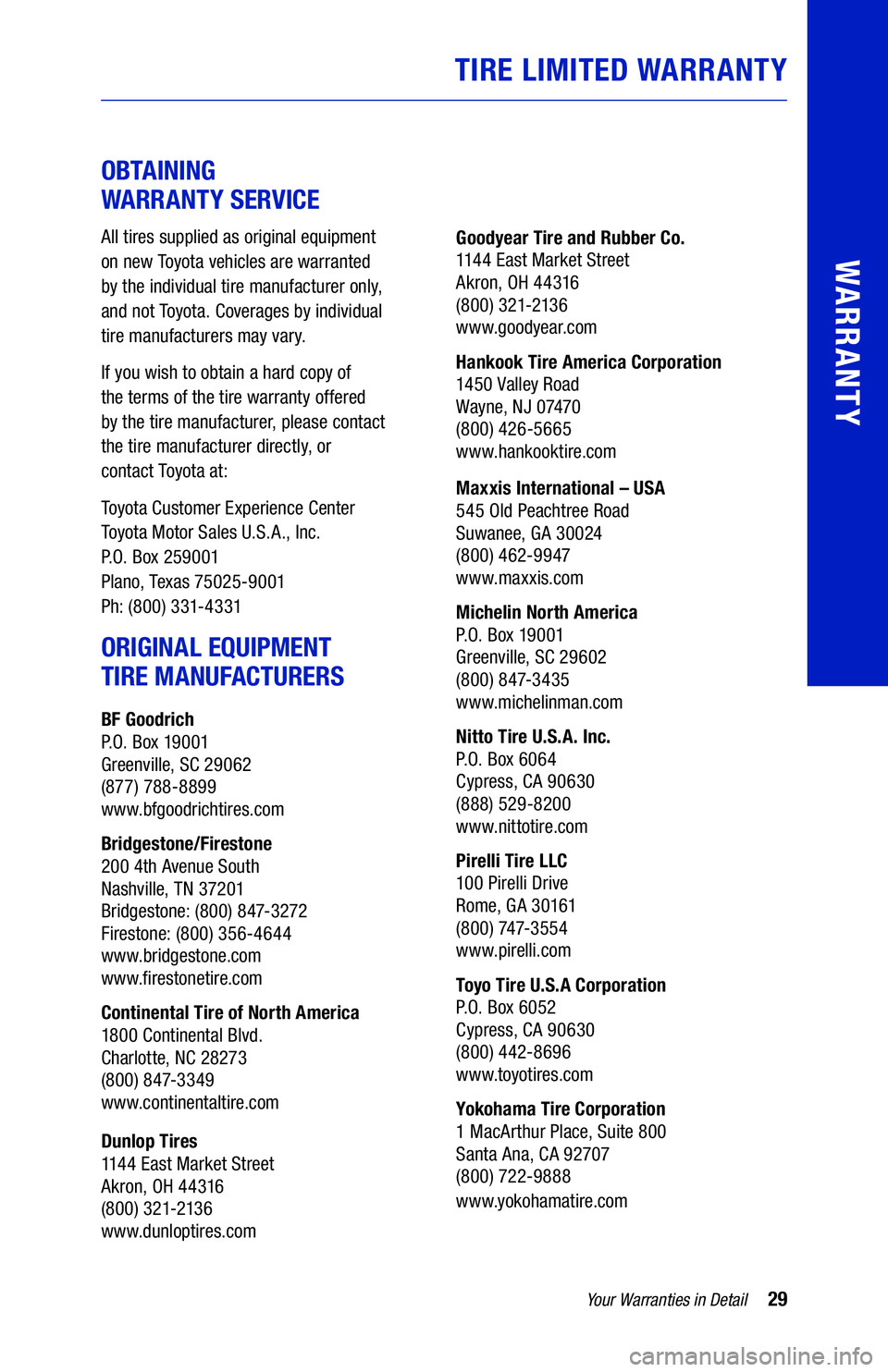 TOYOTA CAMRY 2020 Warranties & Maintenance Guides (in English) 29Your Warranties in Detail
WARRANTY
OBTAINING
WARRANTY SERVICE
All tires supplied as original equipment
on new Toyota vehicles are warranted
by the individual tire manufacturer only,
and n TOYOTA CAMRY 2020 Warranties & Maintenance Guides (in English) 29Your Warranties in Detail
WARRANTY
OBTAINING
WARRANTY SERVICE
All tires supplied as original equipment
on new Toyota vehicles are warranted
by the individual tire manufacturer only,
and n
