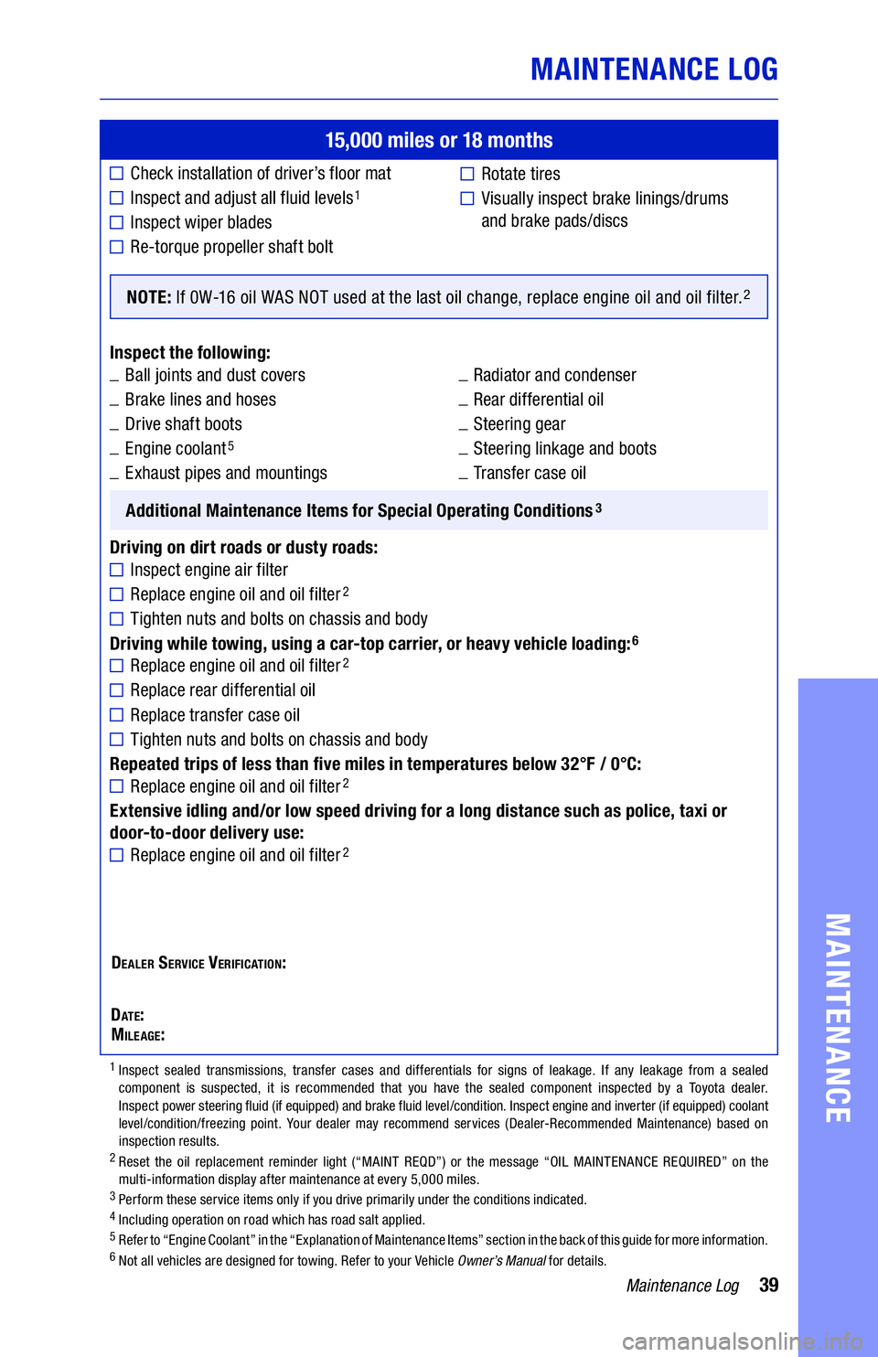 TOYOTA CAMRY 2020 Warranties & Maintenance Guides (in English) 39Maintenance Log
MAINTENANCE LOG
MAINTENANCE
15,000 miles or 18 months
■Check installation of driver’s floor mat
■������� ��� ������ ��� ����� TOYOTA CAMRY 2020 Warranties & Maintenance Guides (in English) 39Maintenance Log
MAINTENANCE LOG
MAINTENANCE
15,000 miles or 18 months
■Check installation of driver’s floor mat
■������� ��� ������ ��� �����