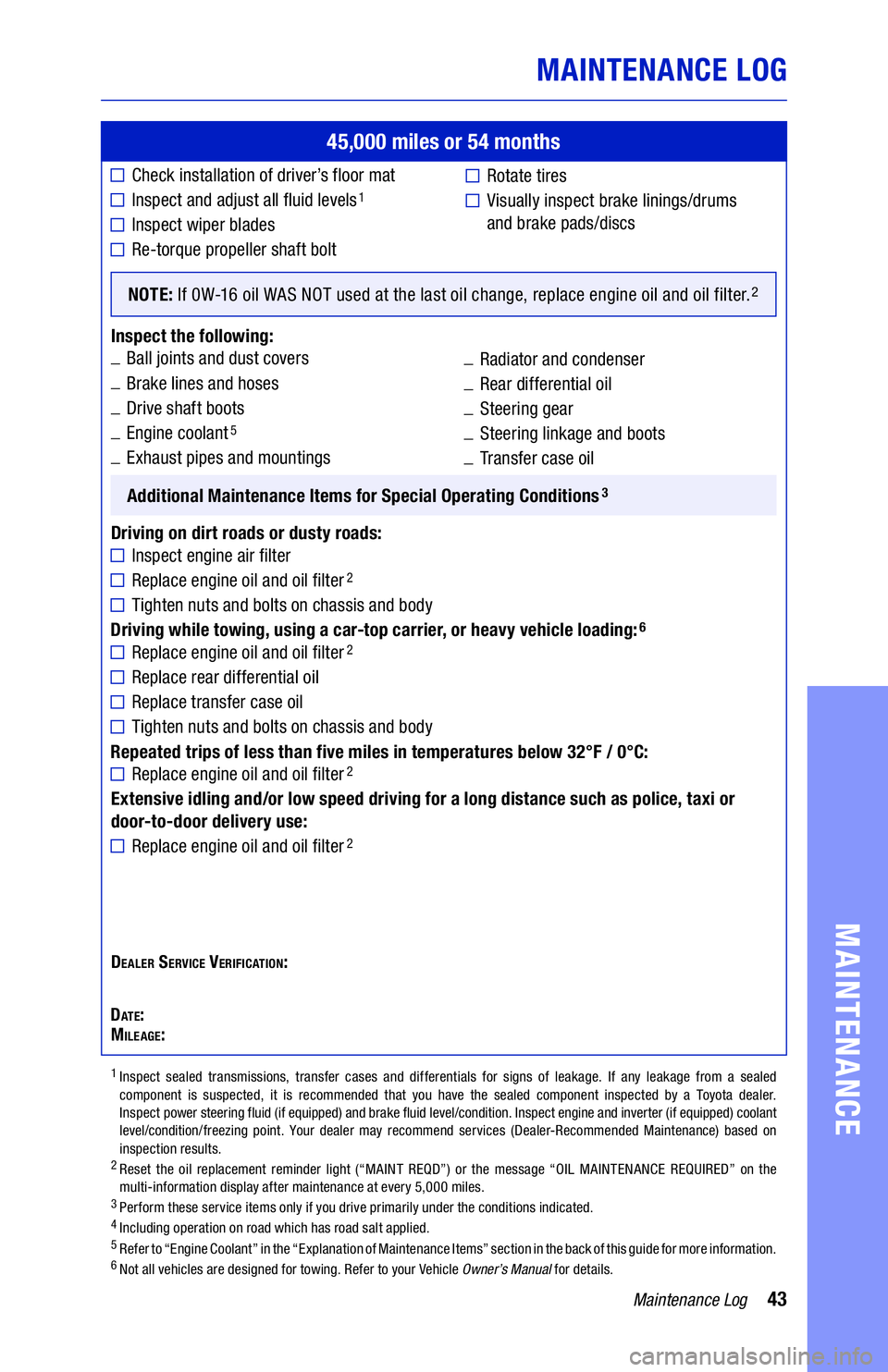 TOYOTA CAMRY 2020 Warranties & Maintenance Guides (in English) 43Maintenance Log
MAINTENANCE LOG
MAINTENANCE
45,000 miles or 54 months
■Check installation of driver’s floor mat
■������� ��� ������ ��� ����� TOYOTA CAMRY 2020 Warranties & Maintenance Guides (in English) 43Maintenance Log
MAINTENANCE LOG
MAINTENANCE
45,000 miles or 54 months
■Check installation of driver’s floor mat
■������� ��� ������ ��� �����
