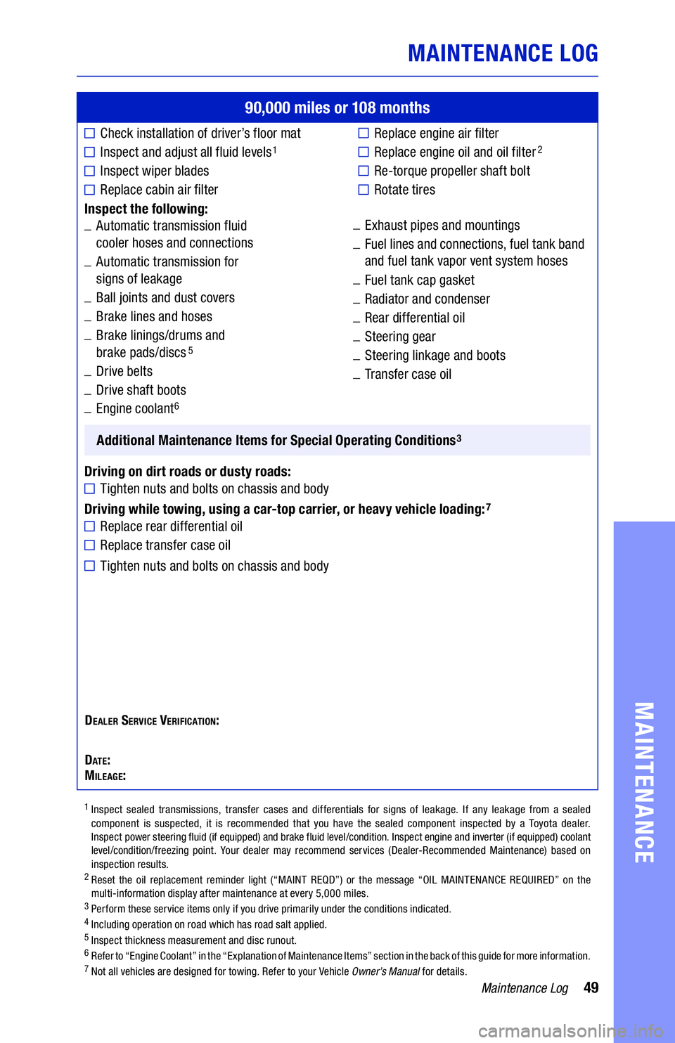 TOYOTA CAMRY 2020 Warranties & Maintenance Guides (in English) 49Maintenance Log
MAINTENANCE LOG
MAINTENANCE
90,000 miles or 108 months
■Check installation of driver’s floor mat
■������� ��� ������ ��� ����� TOYOTA CAMRY 2020 Warranties & Maintenance Guides (in English) 49Maintenance Log
MAINTENANCE LOG
MAINTENANCE
90,000 miles or 108 months
■Check installation of driver’s floor mat
■������� ��� ������ ��� �����
