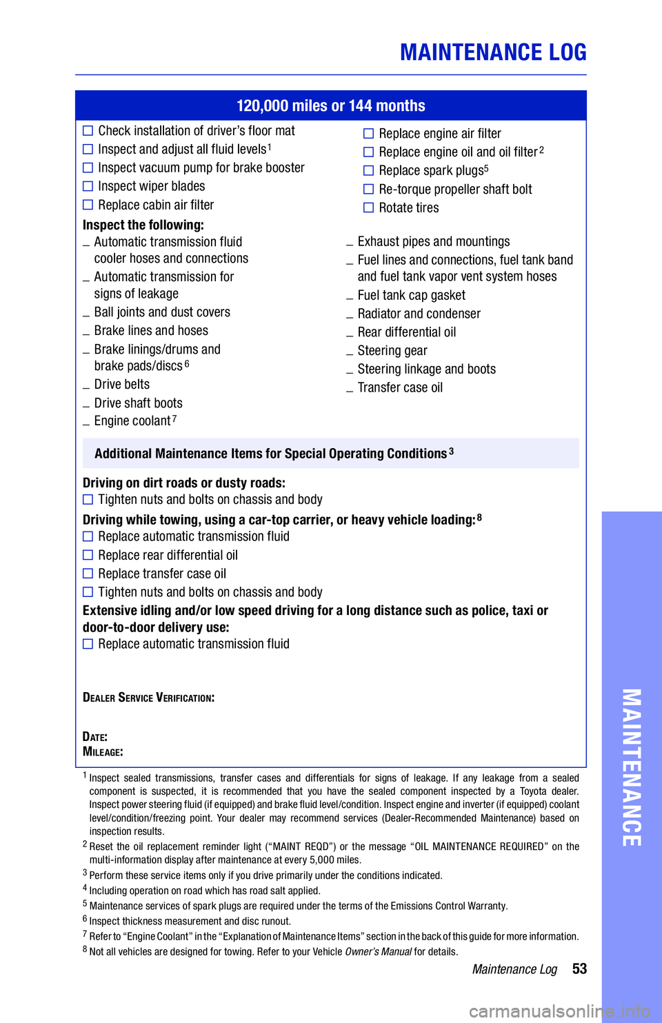 TOYOTA CAMRY 2020 Warranties & Maintenance Guides (in English) 53Maintenance Log
MAINTENANCE LOG
MAINTENANCE
120,000 miles or 144 months
■Check installation of driver’s floor mat
■������� ��� ������ ��� ���� TOYOTA CAMRY 2020 Warranties & Maintenance Guides (in English) 53Maintenance Log
MAINTENANCE LOG
MAINTENANCE
120,000 miles or 144 months
■Check installation of driver’s floor mat
■������� ��� ������ ��� ����
