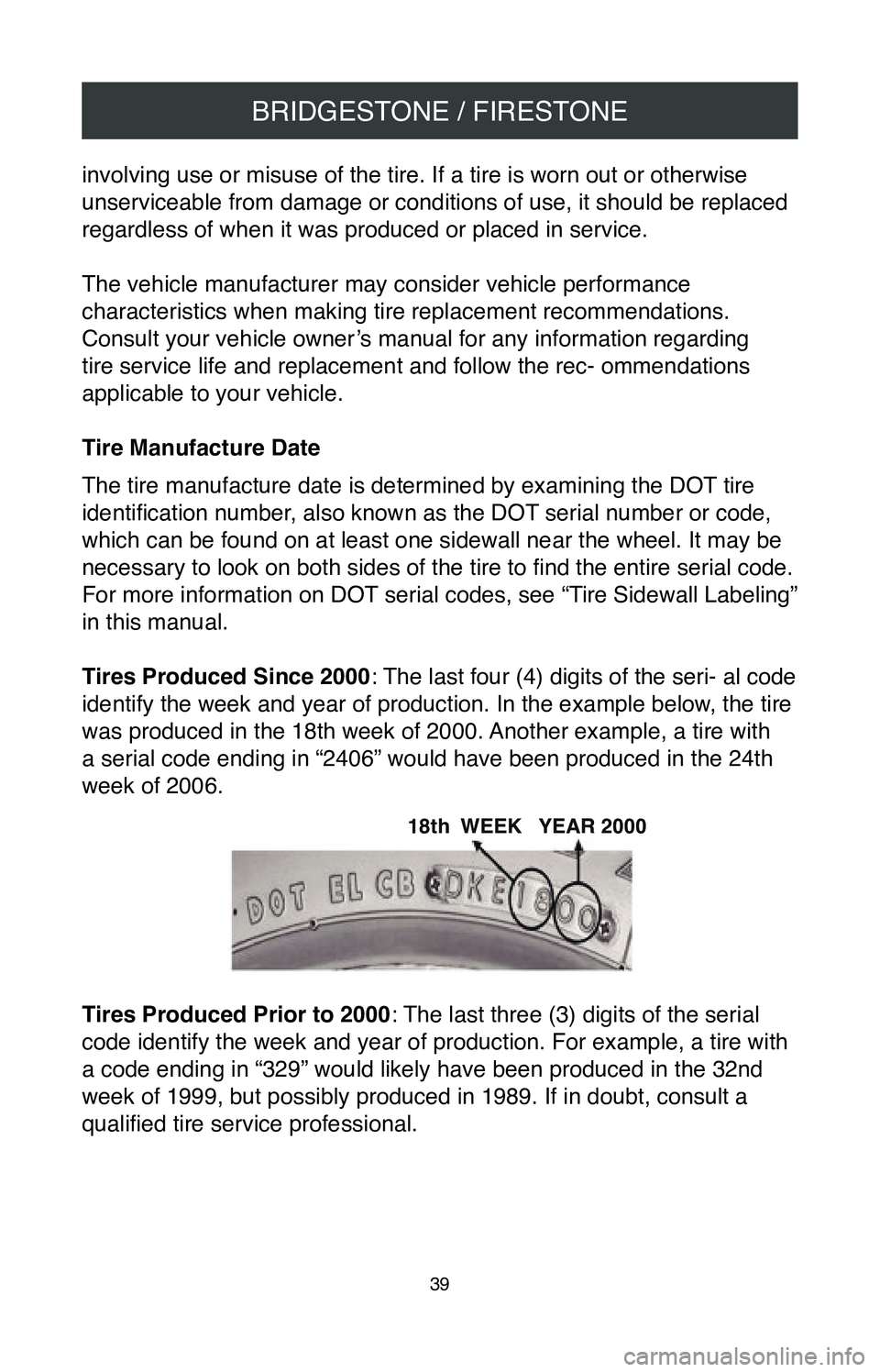 TOYOTA CAMRY 2020  Warranties & Maintenance Guides (in English) BRIDGESTONE / FIRESTONE
39
involving use or misuse of the tire. If a tire is worn out or otherwise \
unserviceable from damage or conditions of use, it should be replaced 
regardless of when it was p