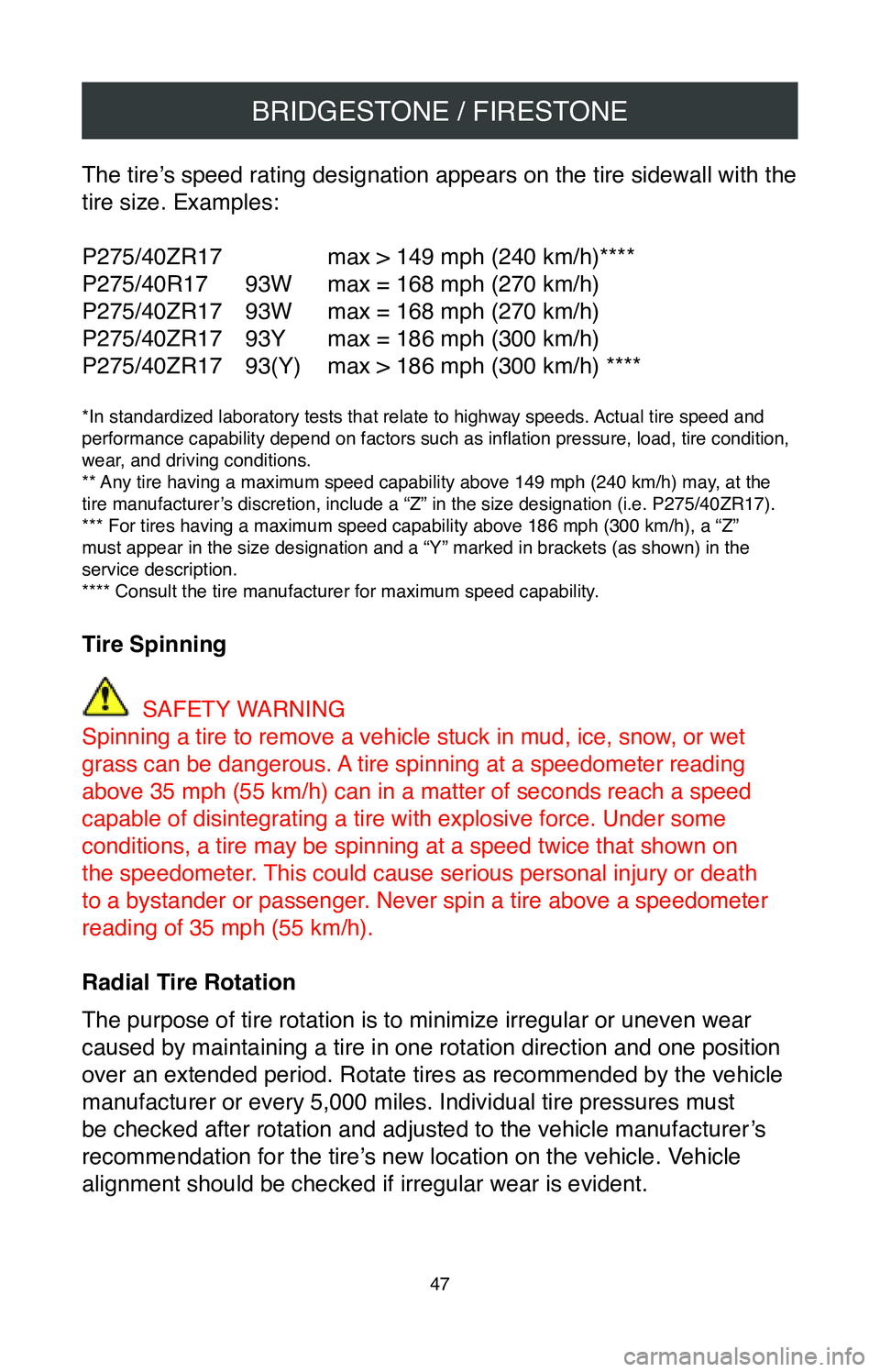 TOYOTA CAMRY 2020  Warranties & Maintenance Guides (in English) BRIDGESTONE / FIRESTONE
47
The tire’s speed rating designation appears on the tire sidewall with the 
tire size. Examples:
P275/40ZR17
   max > 149 mph (240 km/h)****
P275/40R17
 93W max = 168 mph (