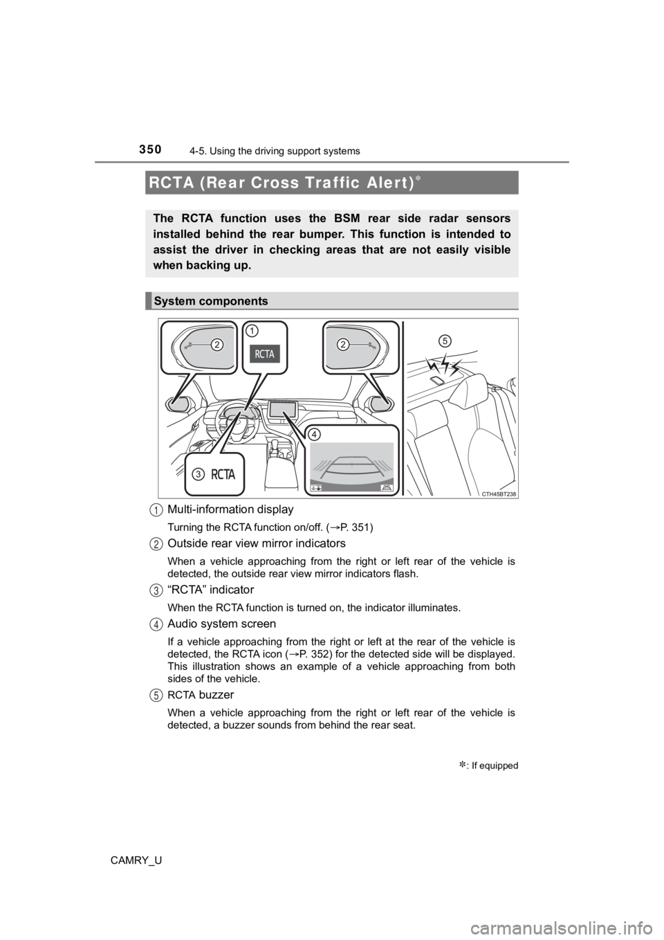 TOYOTA CAMRY 2021  Owners Manual (in English) 3504-5. Using the driving support systems
CAMRY_U
Multi-information display
Turning the RCTA function on/off. ( P. 351)
Outside rear view mirror indicators
When  a  vehicle  approaching  from  the 