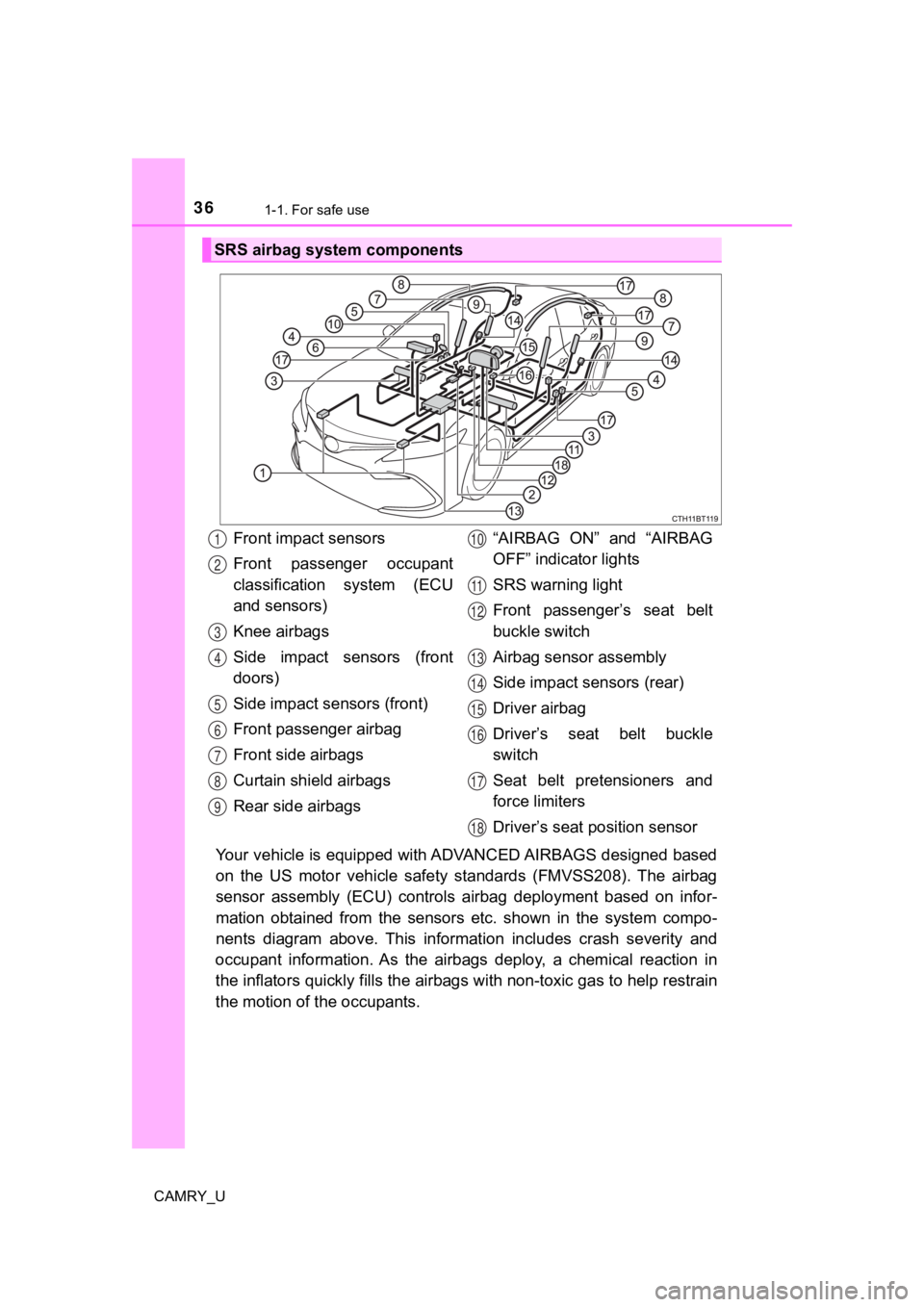 TOYOTA CAMRY 2021  Owners Manual (in English) 361-1. For safe use
CAMRY_U
Your vehicle is equipped with ADVANCED AIRBAGS designed based
on  the  US  motor  vehicle  safety  standards  (FMVSS208).  The  airbag
sensor  assembly  (ECU)  controls  ai