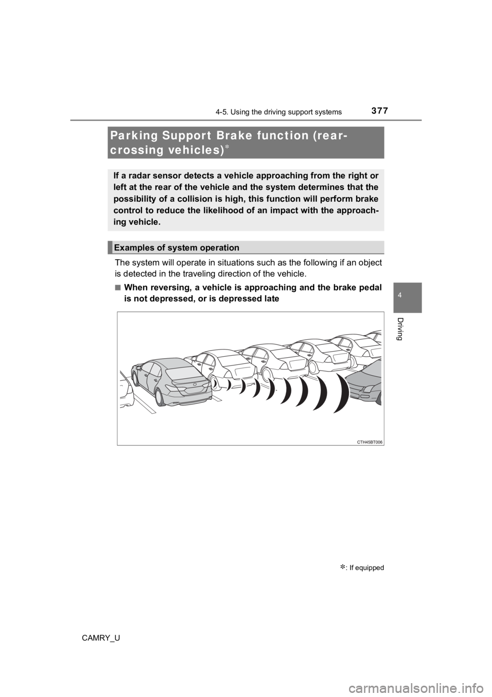 TOYOTA CAMRY 2021  Owners Manual (in English) 3774-5. Using the driving support systems
4
Driving
CAMRY_U
The system will operate in situations such as the following if an object
is detected in the traveling  direction of the vehicle.
■When rev
