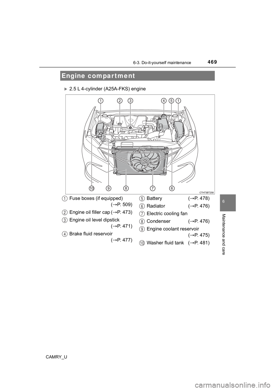 TOYOTA CAMRY 2021  Owners Manual (in English) 4696-3. Do-it-yourself maintenance
CAMRY_U
6
Maintenance and care
2.5 L 4-cylinder (A25A-FKS) engine
Engine compartment
Fuse boxes (if equipped)( P. 509)
Engine oil filler cap ( P. 473)
Engin