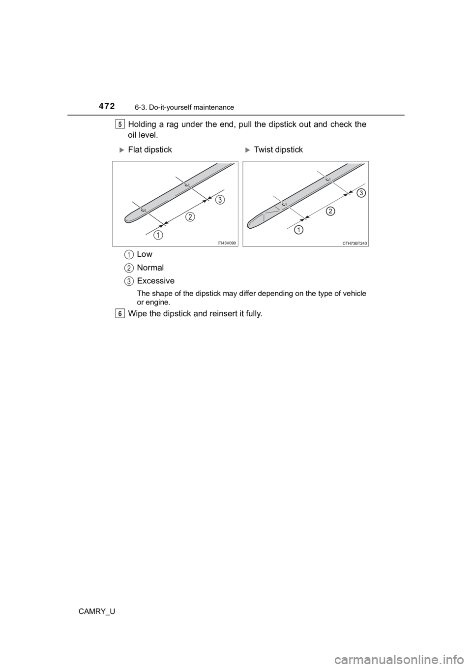 TOYOTA CAMRY 2021  Owners Manual (in English) 4726-3. Do-it-yourself maintenance
CAMRY_U
Holding  a  rag  under  the  end,  pull  the  dipstick  out  and  check  the
oil level.
Low
Normal
Excessive
The shape of the dipstick may differ depending o