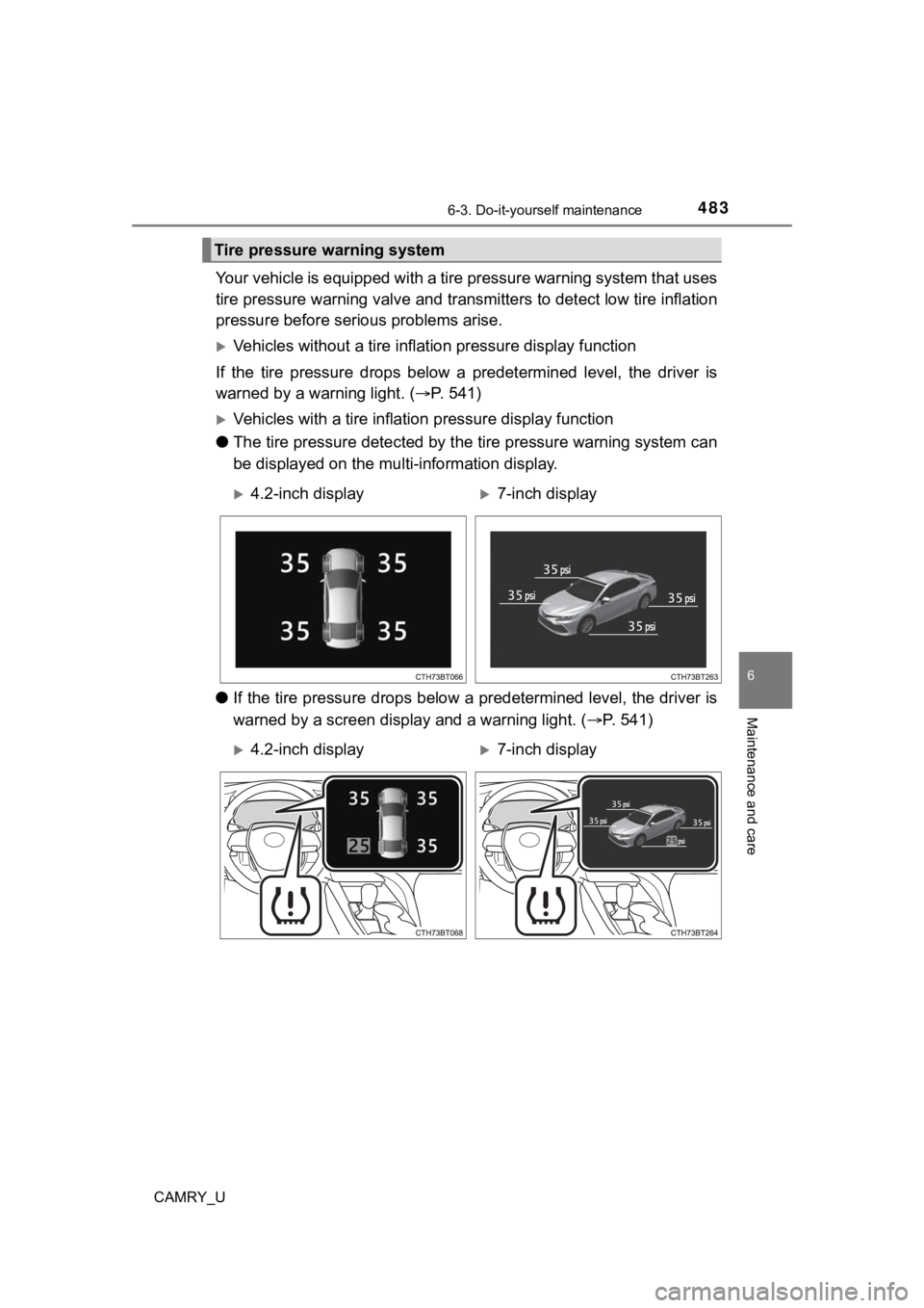 TOYOTA CAMRY 2021  Owners Manual (in English) 4836-3. Do-it-yourself maintenance
CAMRY_U
6
Maintenance and care
Your vehicle is equipped with a tire pressure warning system that uses
tire pressure warning valve and t ransmitters to detect low tir