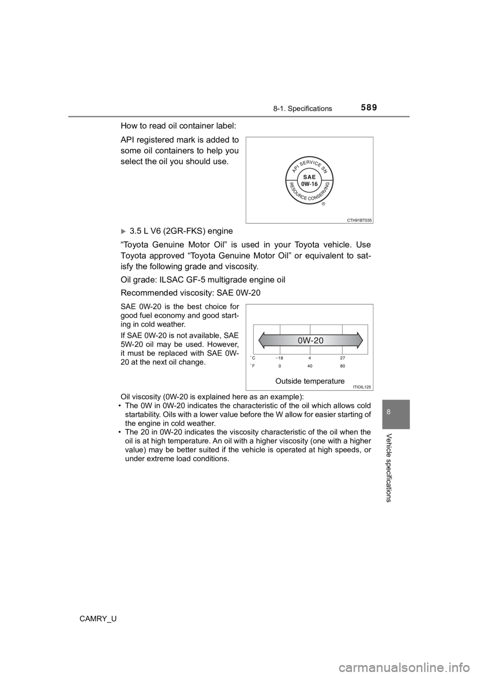TOYOTA CAMRY 2021 Owners Manual (in English) 5898-1. Specifications
8
Vehicle specifications
CAMRY_U
How to read oil container label:
API registered mark is added to
some oil containers to help you
select the oil you should use.
3.5 L V6 TOYOTA CAMRY 2021 Owners Manual (in English) 5898-1. Specifications
8
Vehicle specifications
CAMRY_U
How to read oil container label:
API registered mark is added to
some oil containers to help you
select the oil you should use.
3.5 L V6