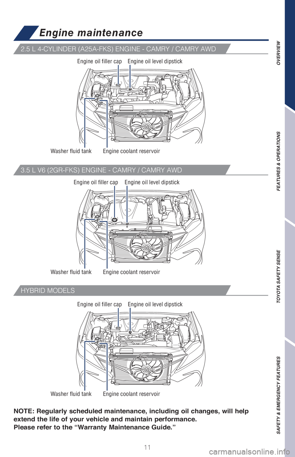 TOYOTA CAMRY 2021   (in English) User Guide 11
Engine maintenance
NOTE: Regularly scheduled maintenance, including oil changes, will help 
extend the life of your vehicle and maintain performance. 
 
Please refer to the “Warranty Maintenance 